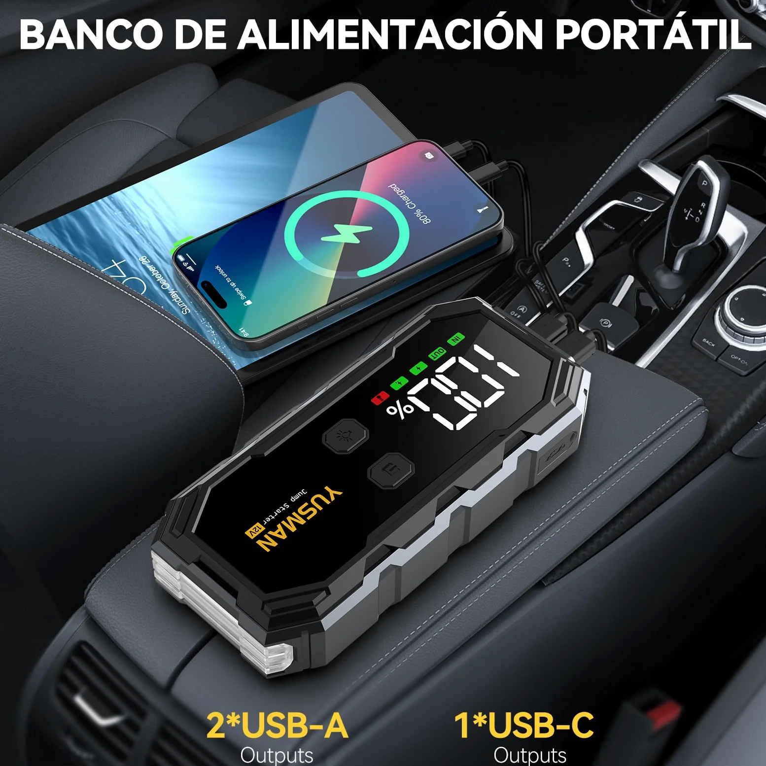 YUSMAN Arrancador de Coche, 10000A Arrancador de Baterias de Coche,12V Arrancador de Portátil con para All Gasolina o 10L Diesel, Linterna LED de Emergencia,Carga Rápida, Pantalla LCD Extragrande