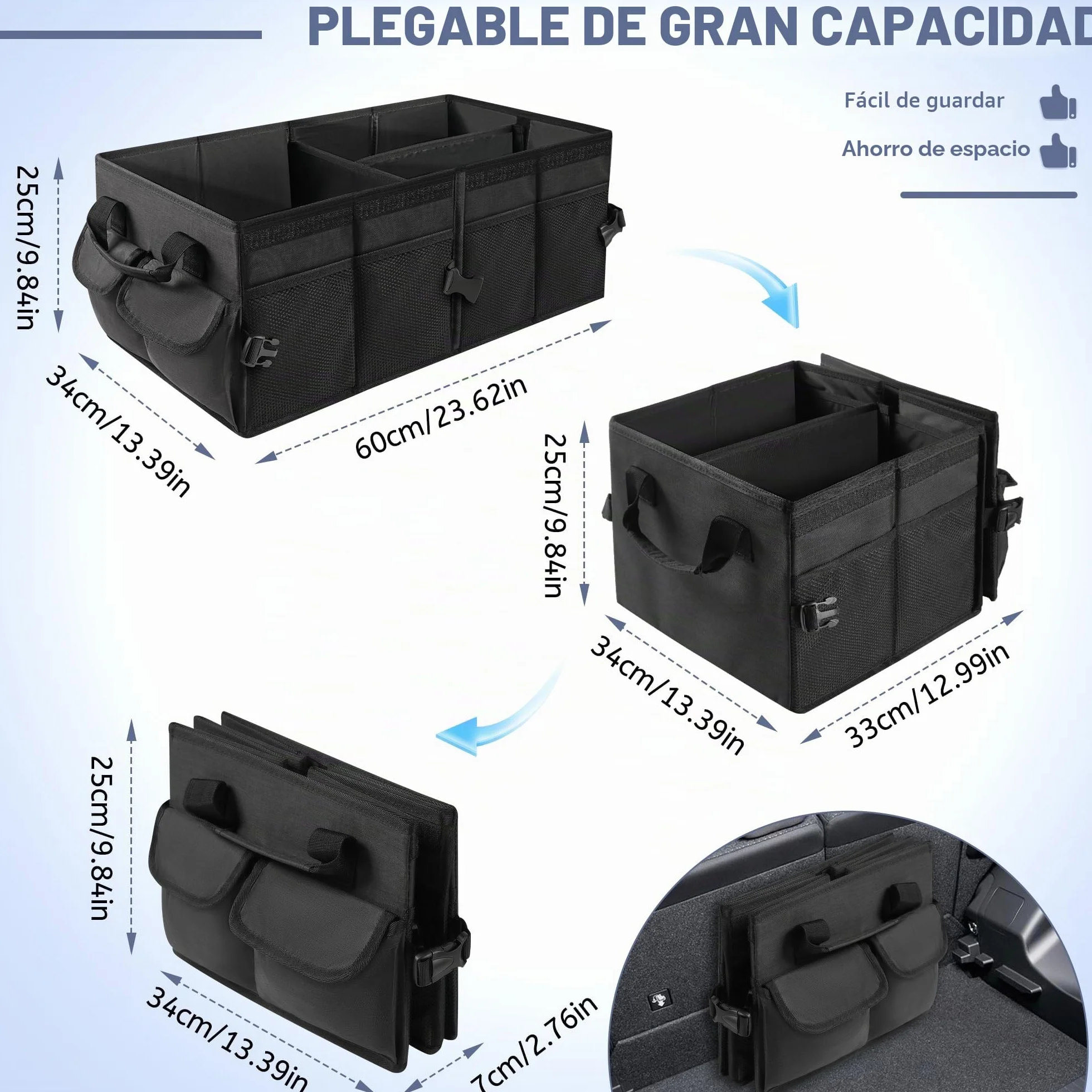 Organizador de maletero, bolsa plegable para maletero con tapa, organizador de maletero para automóvil con divisores extraíbles, equipado con base antideslizante y cierre de velcro, bolsillos