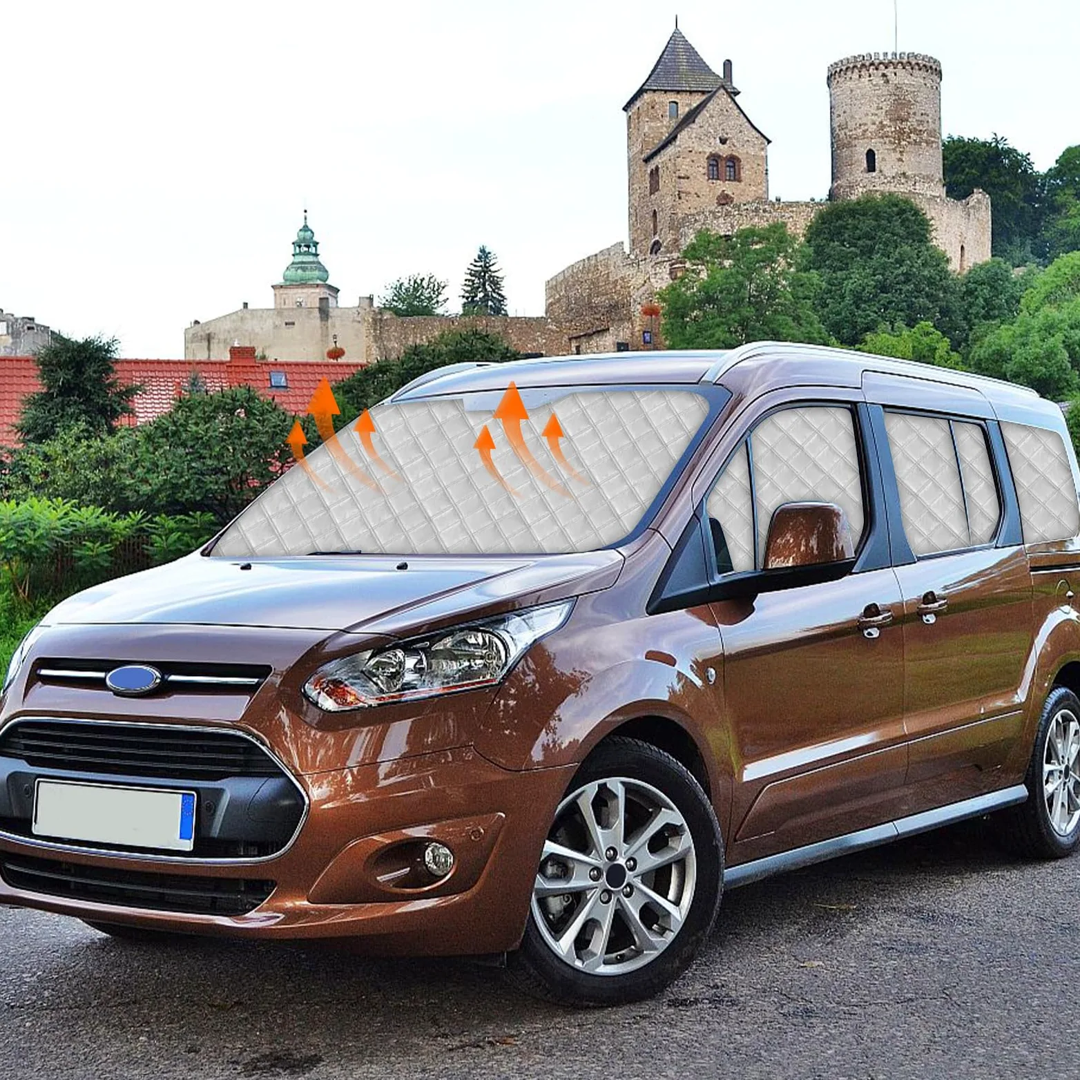 Parasol para Parabrisas Compatible con Ford Grand Tourneo Connect (LWB) 2013-2022, 12 Piezas Juego de Protector de Parabrisas, Juego de Ventana de Persiana Térmica Interior con Bolsa Almacenamiento