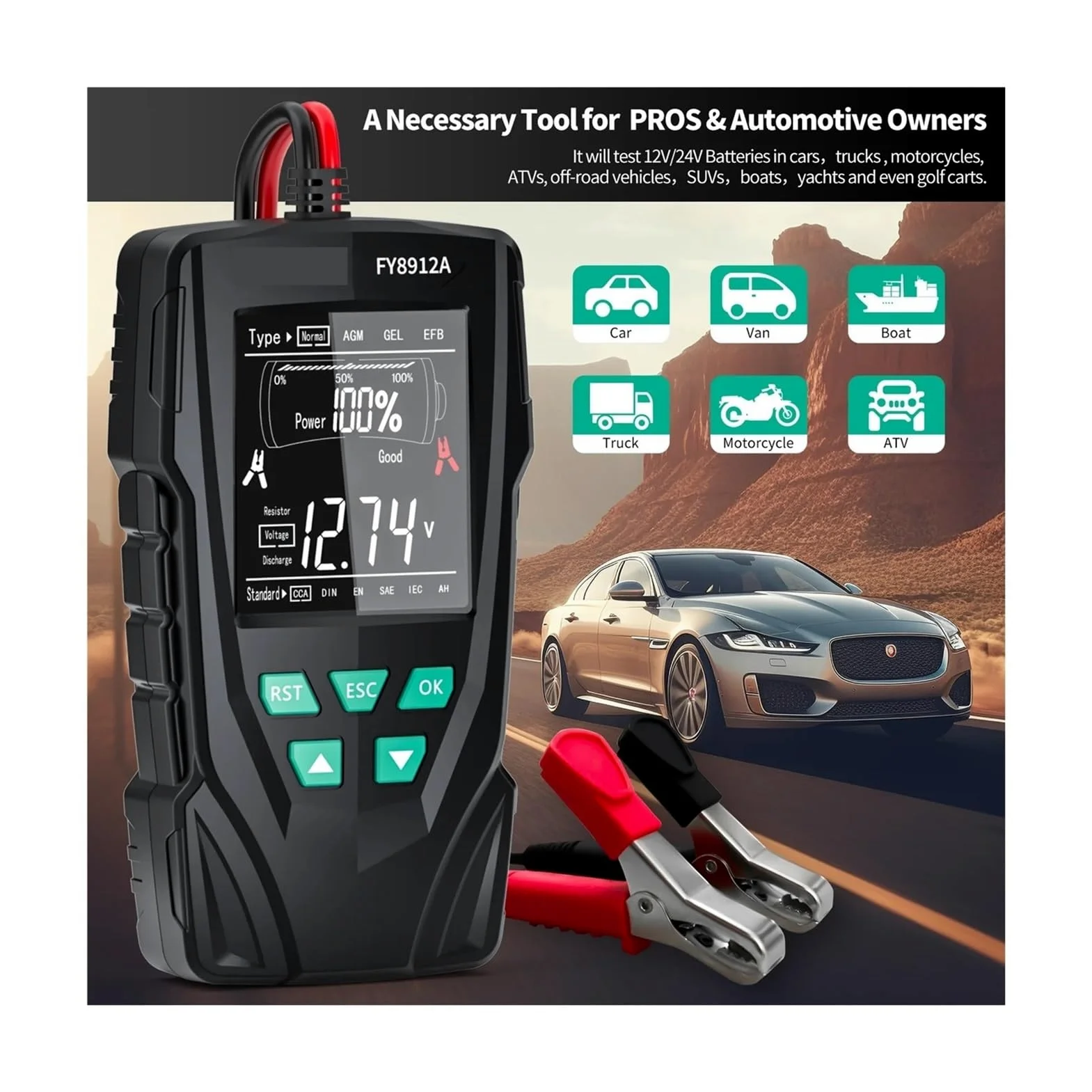 Probador de baterías, Probador de batería de coche FY8912A, 12 V/24 V, for monitoreo de batería de coche, motocicleta, camión, comprobador de carga y capacidad de batería.(FY8912B)