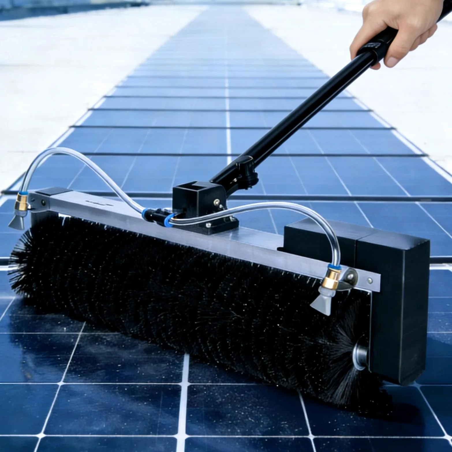 Cepillo de limpieza de paneles solares con poste telescópico de 25 pies, rociador de agua automático, para uso residencial