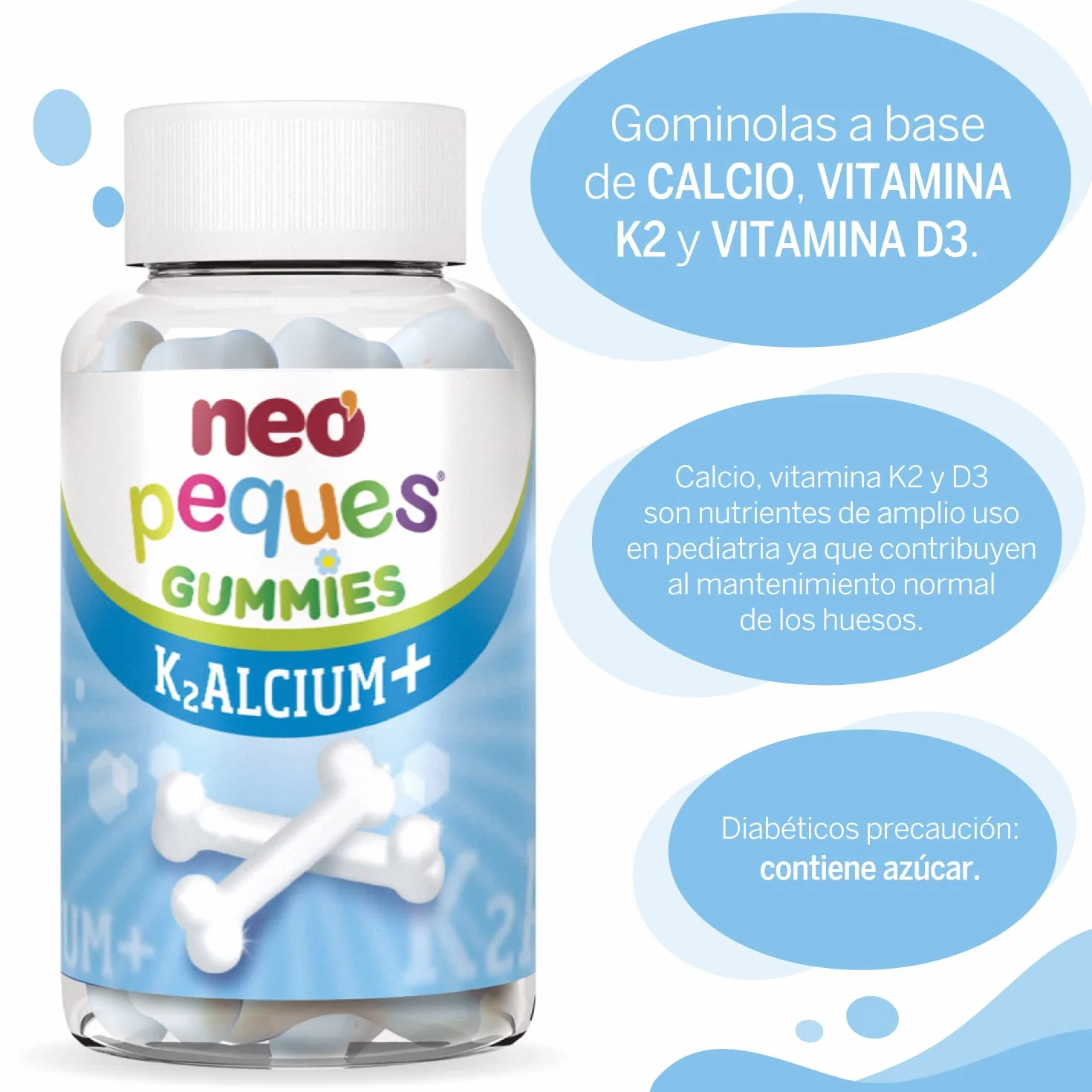 NEO PEQUES Gummies Kalcium + 30 Gominolas Calcio Vitaminas K2 D3 Caramelos Masticables Niños Sabor Yogur