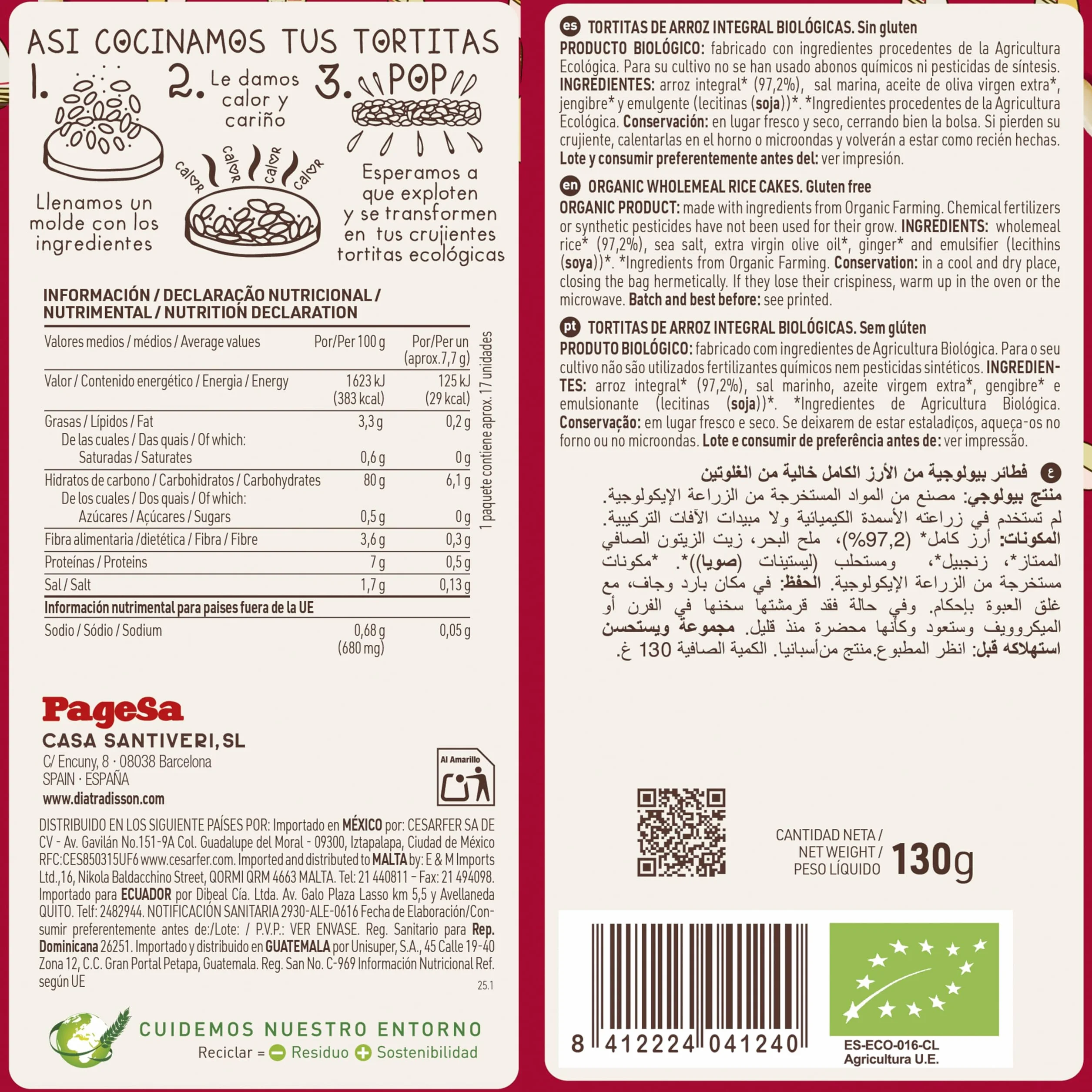 DIAT Radisson Tortitas de Arroz Sin Gluten BIO Integral Inflado Ligero Digestivo Vegano