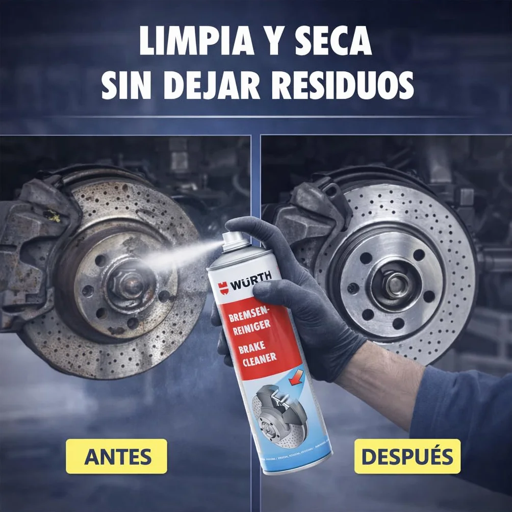 WURTH Limpiador de Frenos 500 ml – Pack de 12 Unidades – Spray Profesional para Limpiar Frenos, Embragues, Motores y Piezas Metálicas – Ref. 08901087