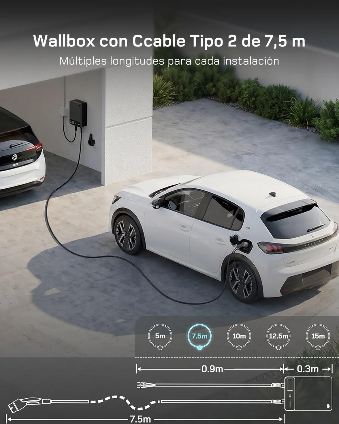 dé Wallbox 7,4 kW Monofásico con App, Cable Tipo 2 de 7,5 m, RFID, Cargador Coche Eléctrico 7,4 kW 6–32 A 230 V, con RCD Tipo A 30 mA CA + 6 mA CC, IP54, para Model Y/3 y Otros BEV/PHEV, Negro