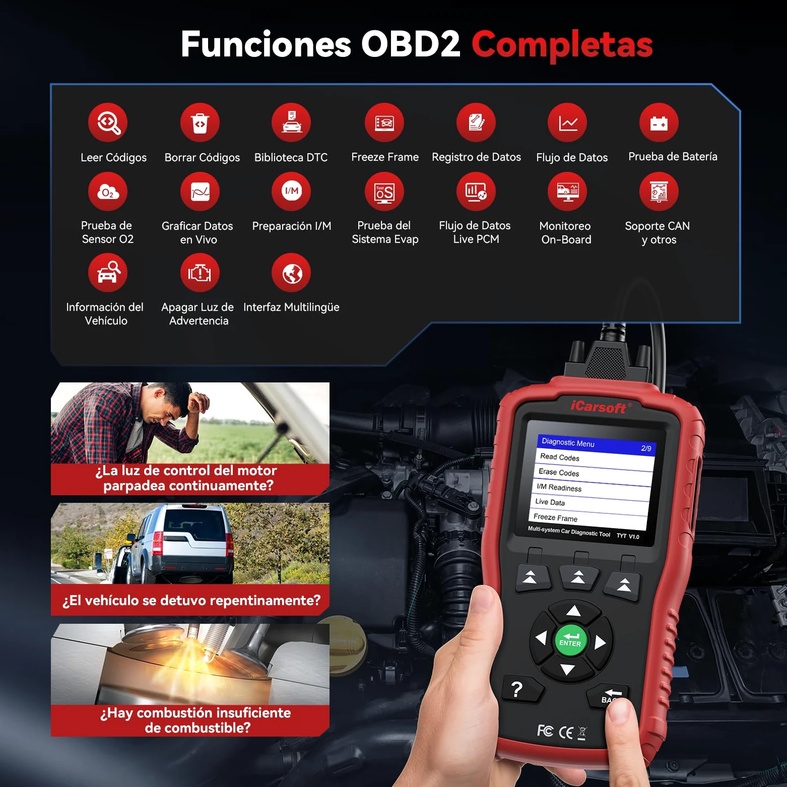 iCarsoft TYT V1.0 OBD2 Máquina Diagnosis Coche para Toyota/Corolla/Nissan/Honda/Hyundai/Kia, Escáner de Todo el Sistema, Reinicio de Aceite, Calibración SAS, Prueba de Batería, Actualización por Vida