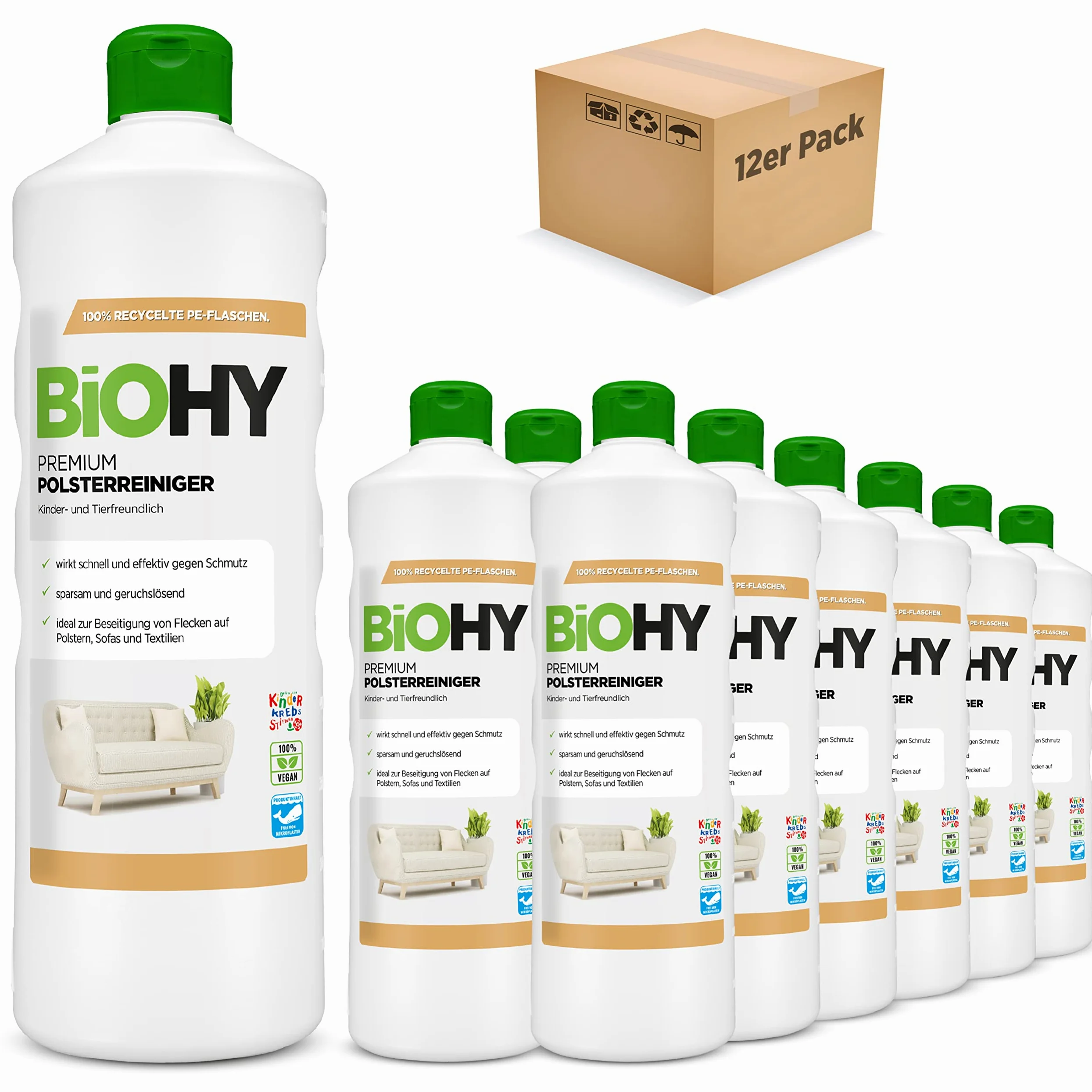 BiOHY Limpiador de Tapicerías Premium (12 botellas de 1 litro) | Concentrado para muebles tapizados, sofás, alfombras y textiles | quitamanchas que disuelven el olor (Premium Polster)