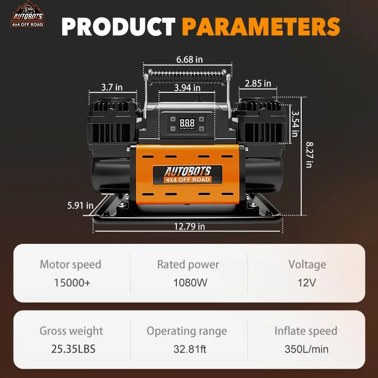 Compresor de Ruedas Portátil Bicilíndrico 12V 350L/min 150PSI con Pantalla LCD Inteligente Auto Stop, Accesorios y Bolsa Reforzada