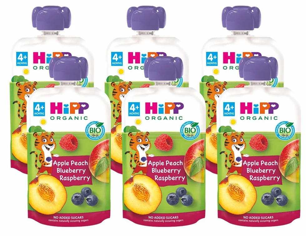 HiPP Biológico Bolsita Multifrutas Pouches Melocotón Manzana Frutos del Bosque BIO Pack 6x100g Sin Azúcar Añadido Bebés 4 Meses