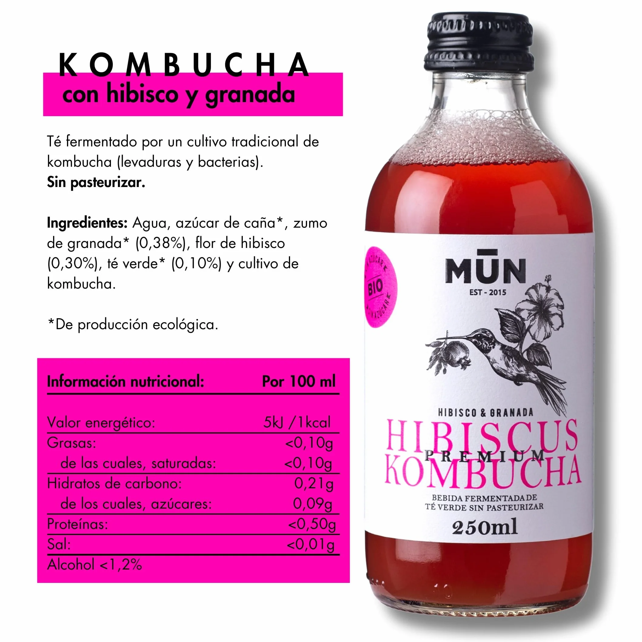 Mūn Ferments Té Kombucha Pack Mix 12x250ml Ecológico Bio Probióticos Naturales Ginger Hibiscus Flowers