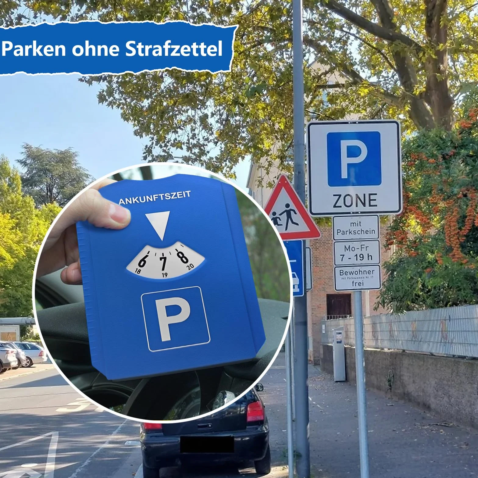 kinoco Parkscheibe mit Eiskratzer - 2 in 1 Parkuhr für Auto und Motorrad INKL. Reifenprofilmesser + Einkaufswagen-Chip | Winter Eiskratzer & Profiltiefenmesser