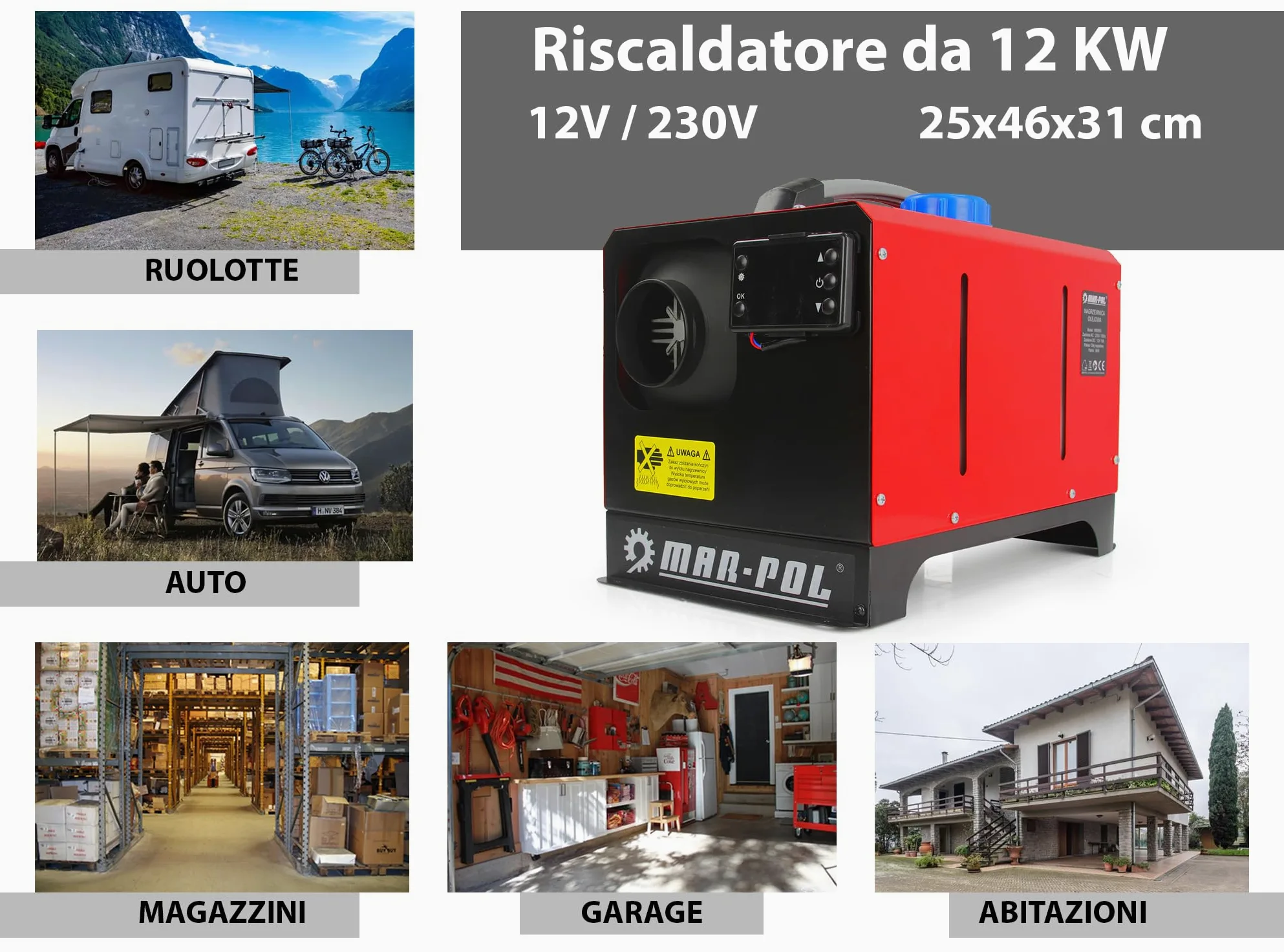 Calentador de aire para estufa | Diesel Gasóleo | 12V/230V | 12KW | Portátil | Monitor LCD con mando a distancia | para caravanas de coche garaje almacenes viviendas