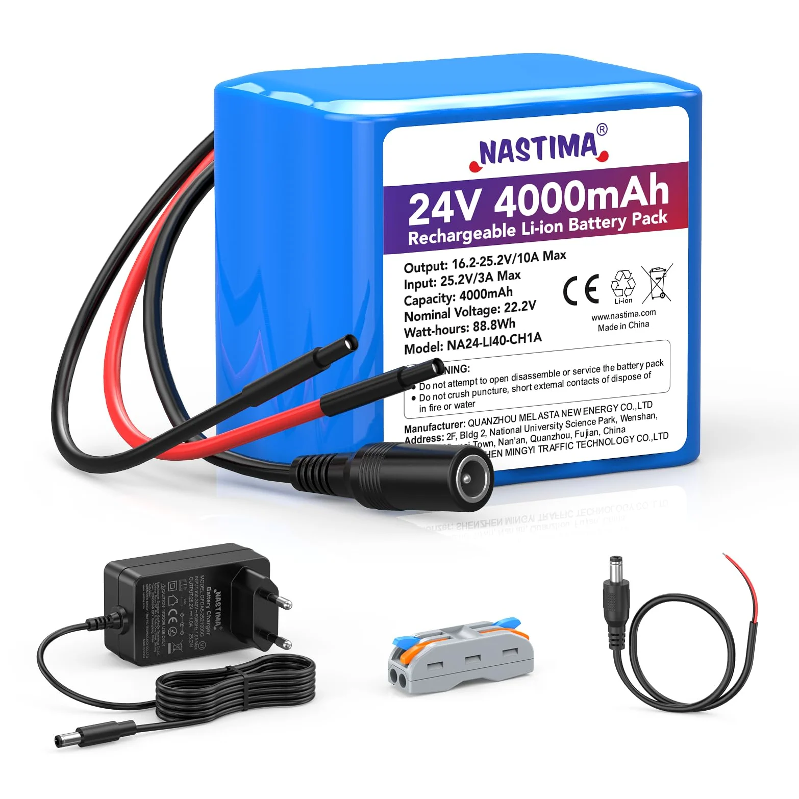 NASTIMA de 4000mAh y 88,8Wh 24V Batería Recargable de Iones de Litio | para Altavoces Bluetooth, Coches Teledirigidos, Sistemas de Energía Solar, Bricolaje, etc. Incluye Cargador y Conector