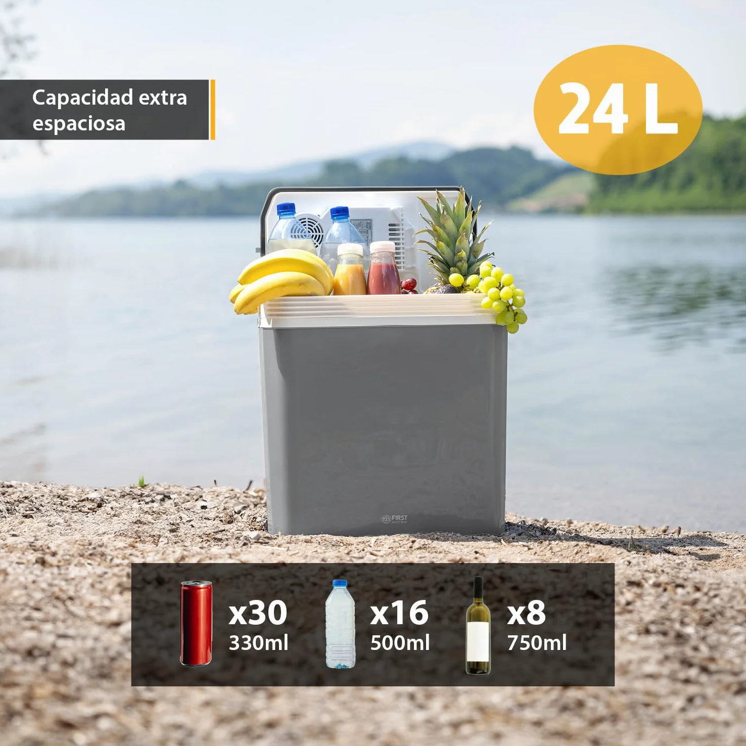 TZS First Austria - Nevera portátil 24L eléctrica 12V 230V enchufe para coche y estándar - Frigorífico termoeléctrico enfría y calienta - Coolbox con asa - Para camping, festivales, viajes - Gris