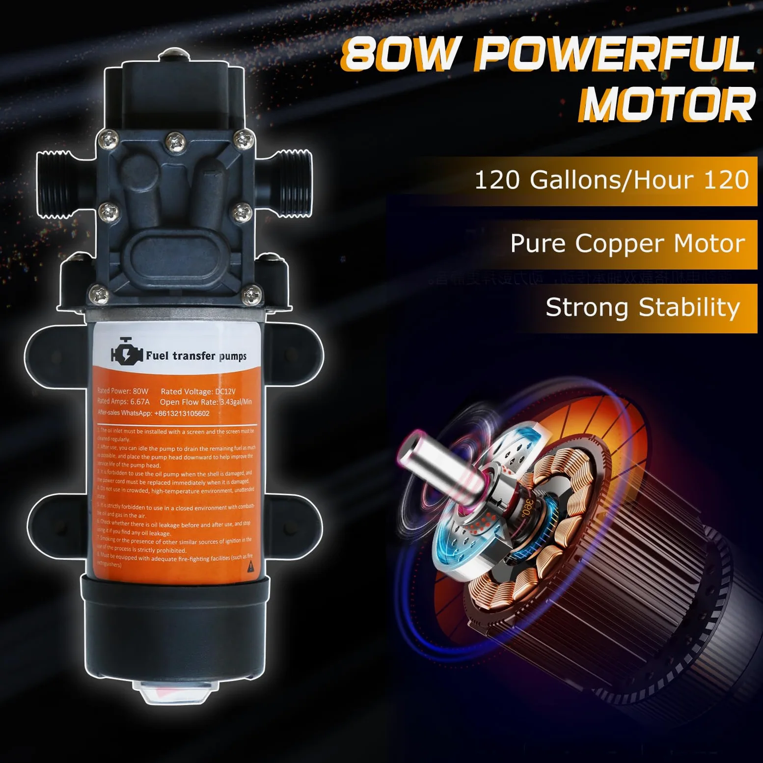 Juego de bomba de transferencia de combustible de 12 V, mueve hasta 120 galones de gas o diésel por hora con motor de 80 W CC y funda de transporte mejorada, adecuada para vehículos, barcos, equipos