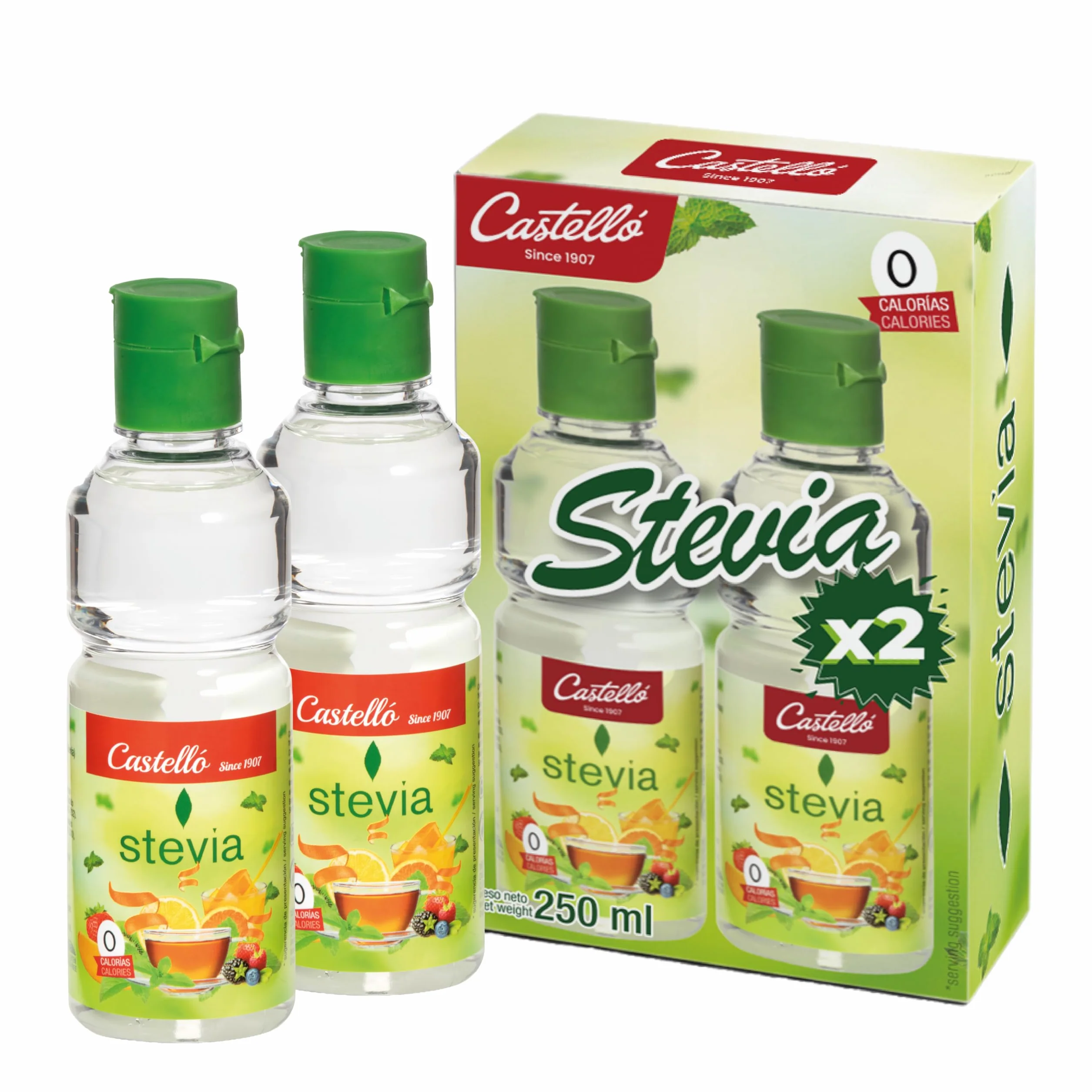 Castello Stevia Líquida 125 ml Pack 2 x 750 dosis Sustituto del Azúcar 0 Calorías Keto