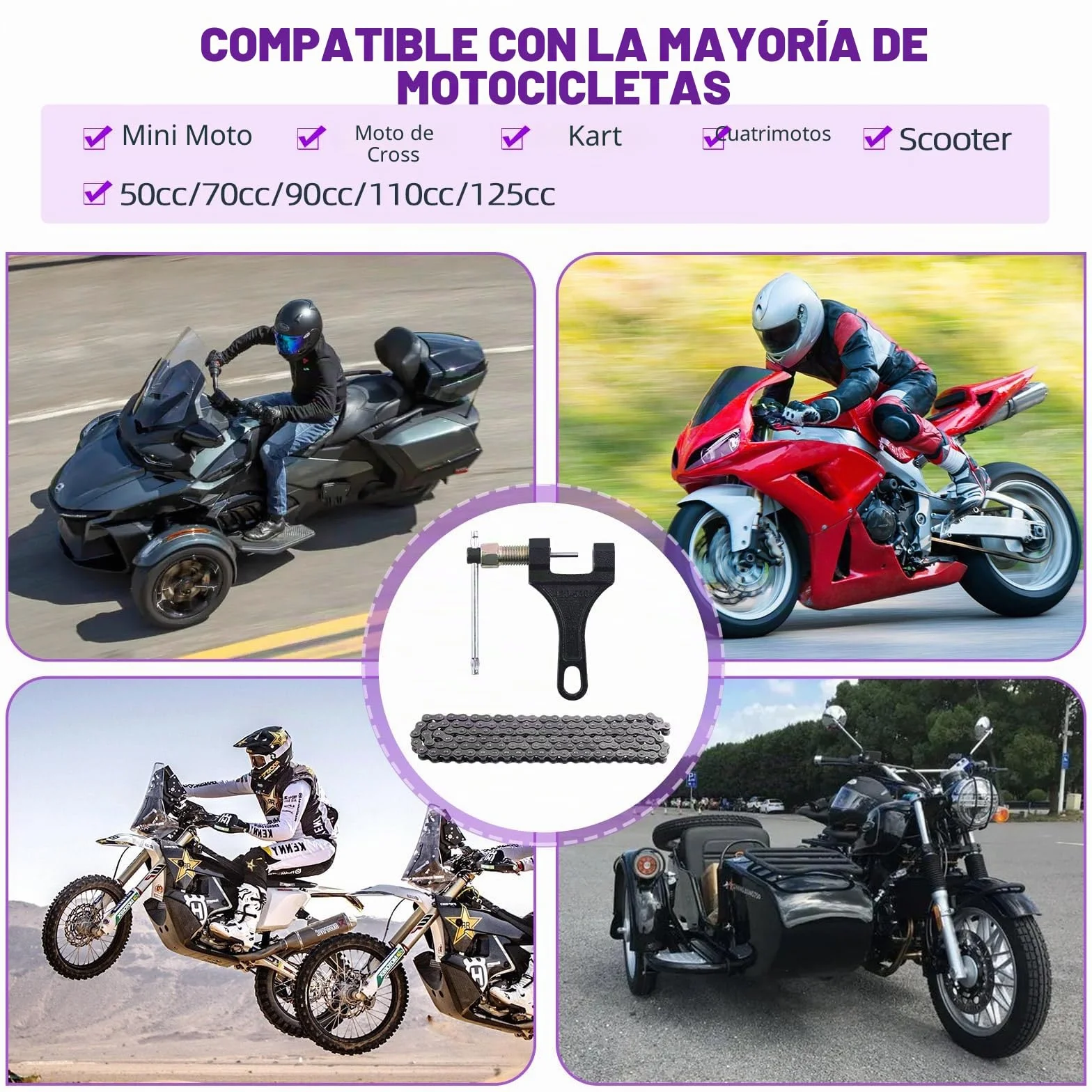 Sweet 2 cadenas 59" y 420 para motocicleta, 132 enlaces y trituradoras, juego de surtido de cadena de transmisión de acero al carbono, apto para motos 110 cc 125 cc Dirt Pit