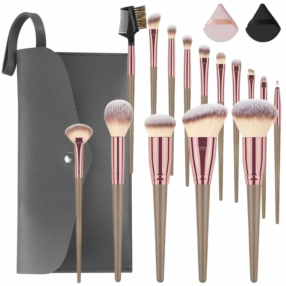 Vicloon Set de Brochas de Maquillaje 15 Piezas Profesional con Soplos de Polvo Marrón