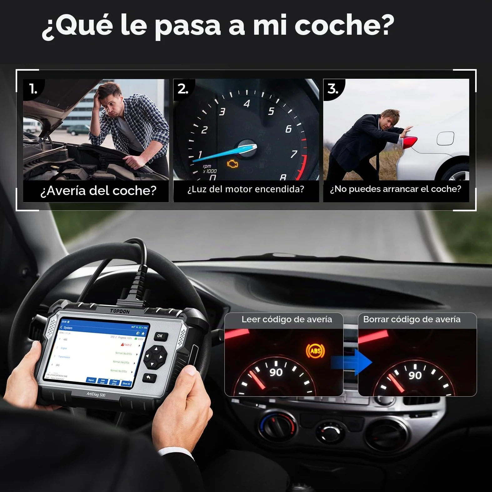 TOPDON AD500 OBD2 diagnosis coche multimarca con 4 Sistemas y 6 Funciones de Reinicio, Sistema de Motor ABS SRS Transmisión, reinicio para aceite/SAS/TPMS/ETS/BMS/freno, Actualización gratuita de WiFi