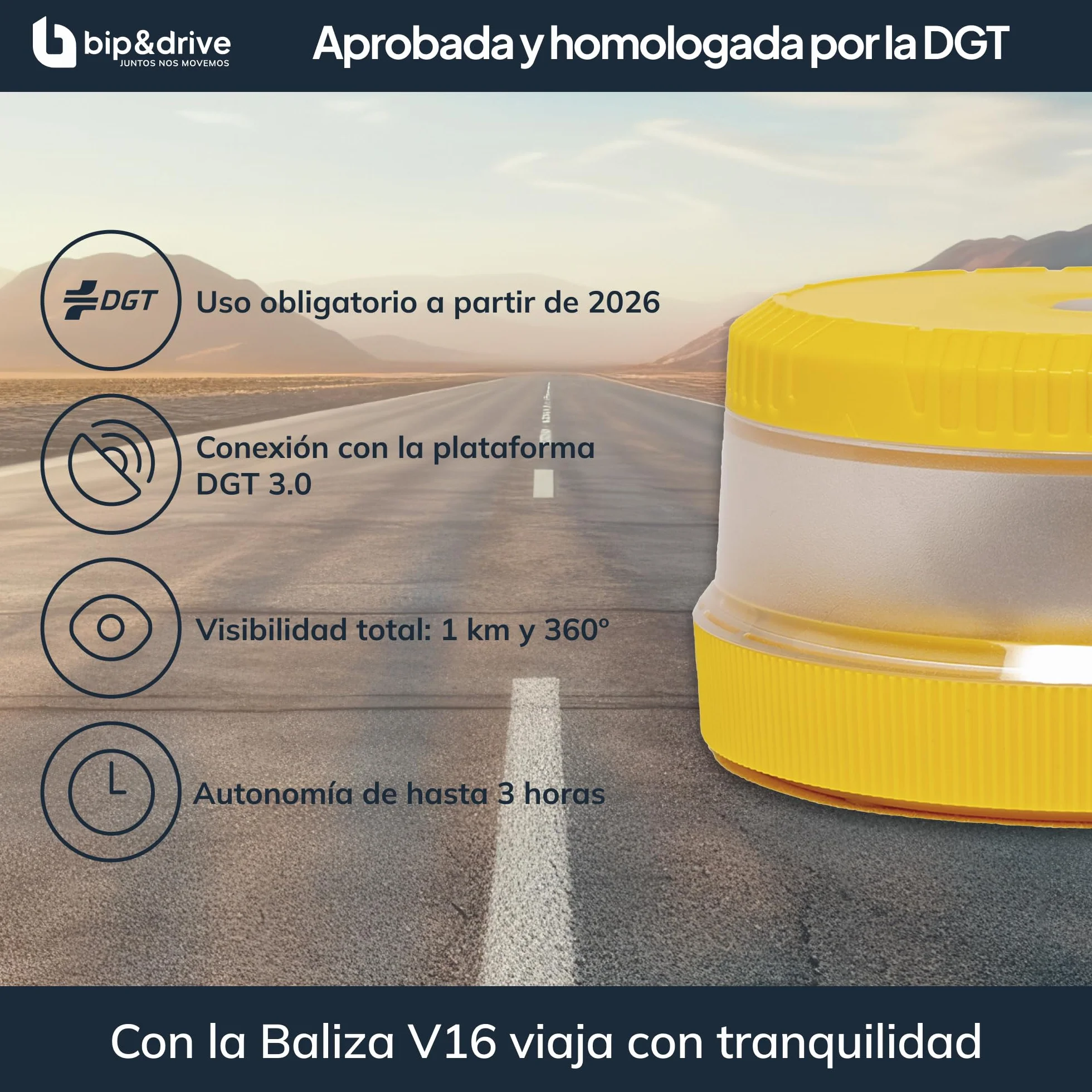 Baliza V16 Homologada DGT Geolocalización Luz Emergencia Coche LED 360° 1km Conectada Plataforma DGT 3.0 Resistente Lluvia Base Imantada Bip&Drive