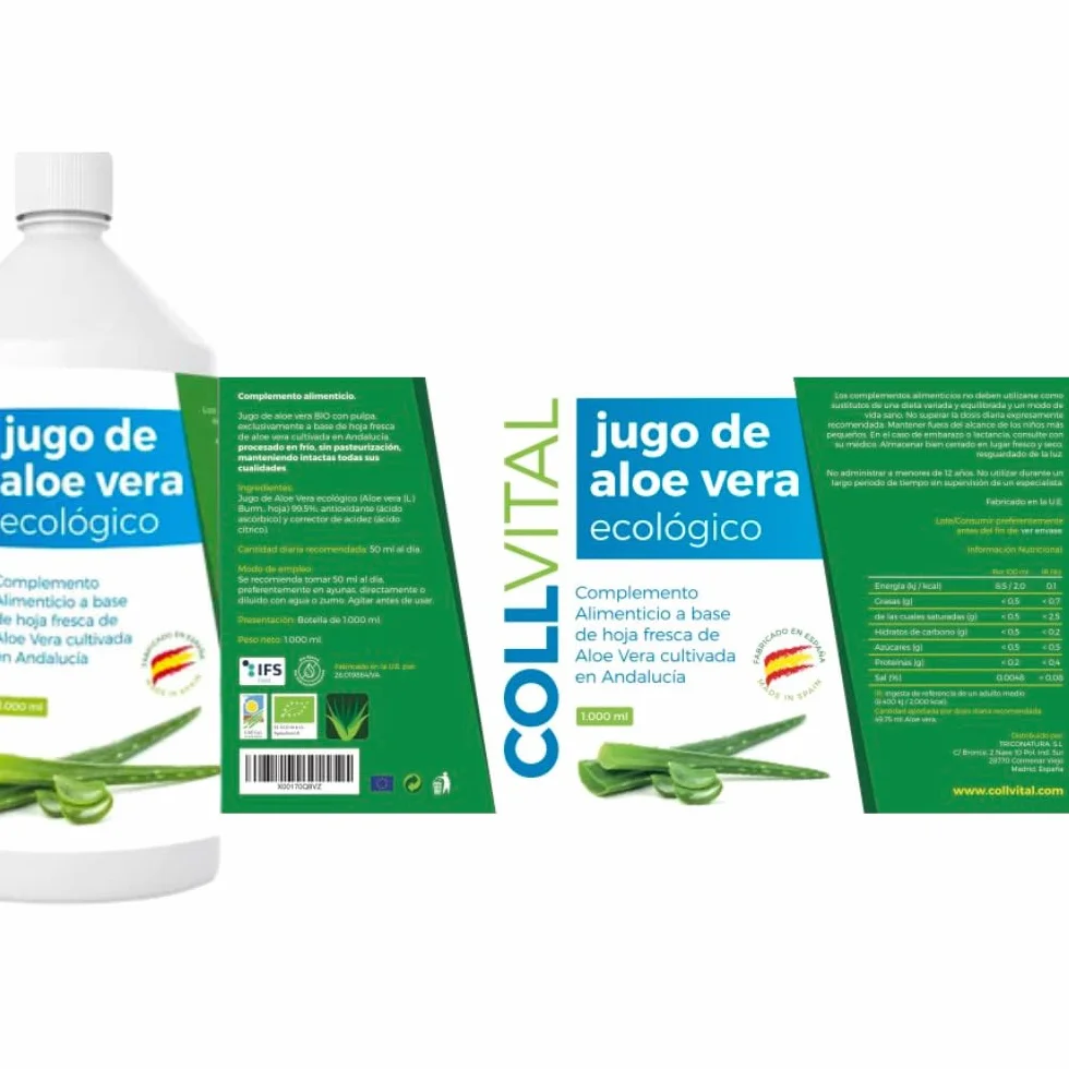 Aloe vera puro para beber con pulpa natural 99.5% zumo ecológico Bio 1 litro
