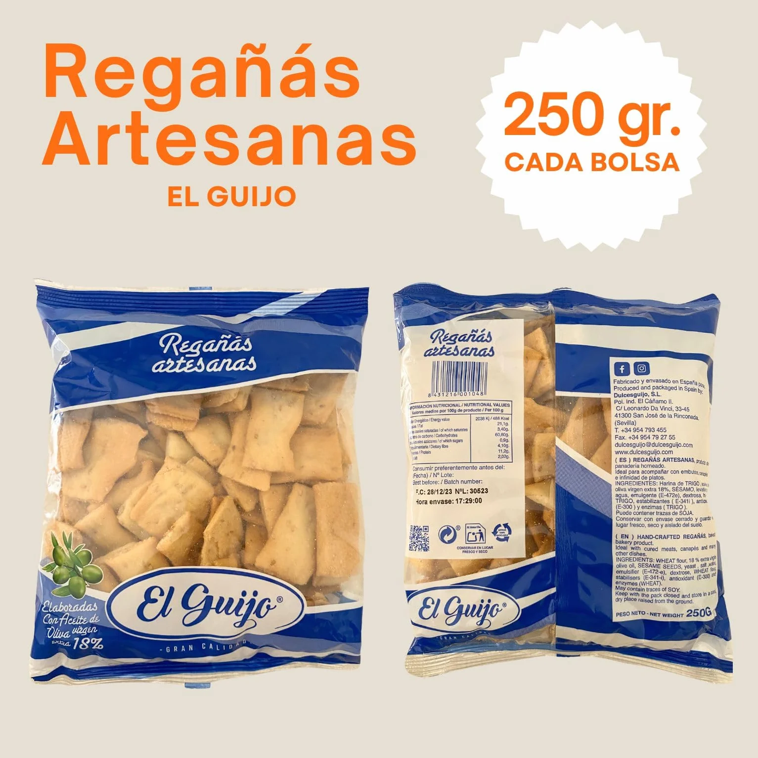 Regañá Artesana El Guijo 18% Aceite de Oliva Virgen Extra Pack 6x250g Cuadraditos Pan Crujiente