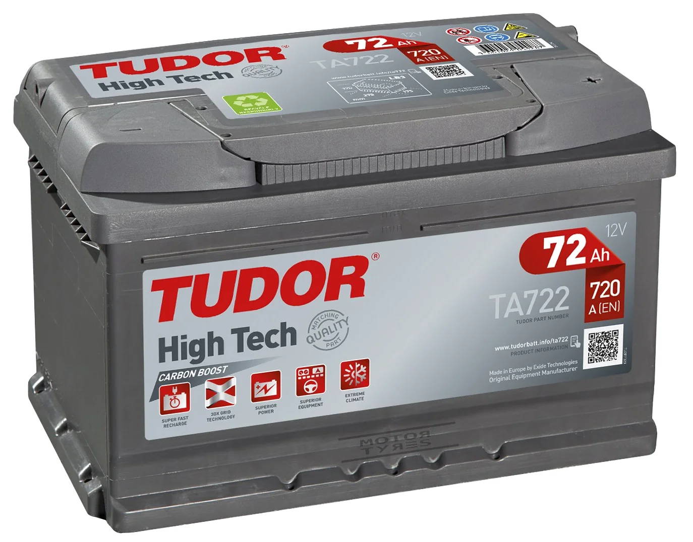 Batería de coche Tudor TA722 HIGH-TECH 72Ah, 720A,12V. Medidas: 278 x 175 x 175 mm Borne + derecha.