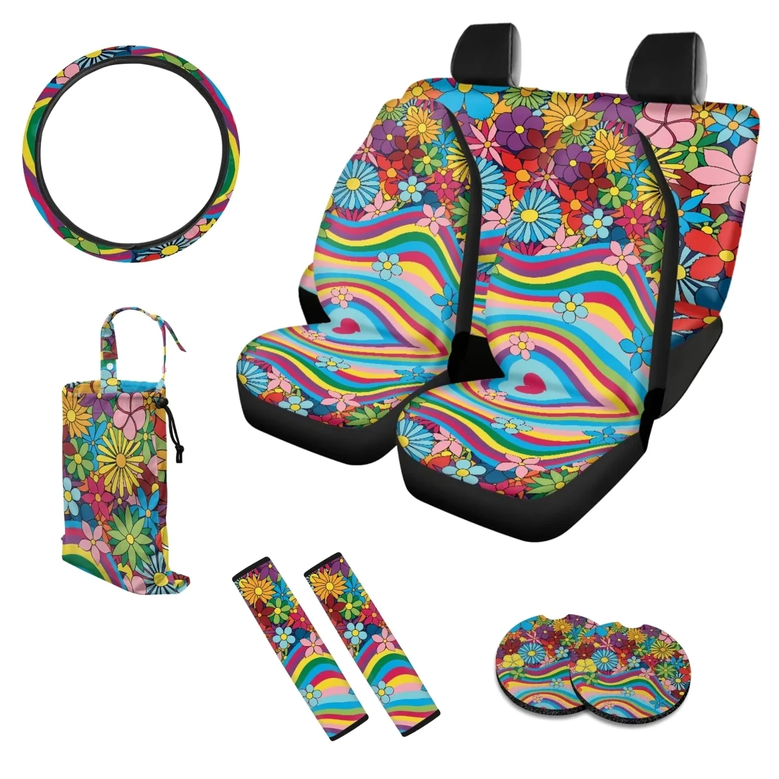 Juego completo de fundas para asientos de coche 70S Floral, juego de 10 con estampado de ondas arcoíris hippie, funda para volante, bolsa de basura