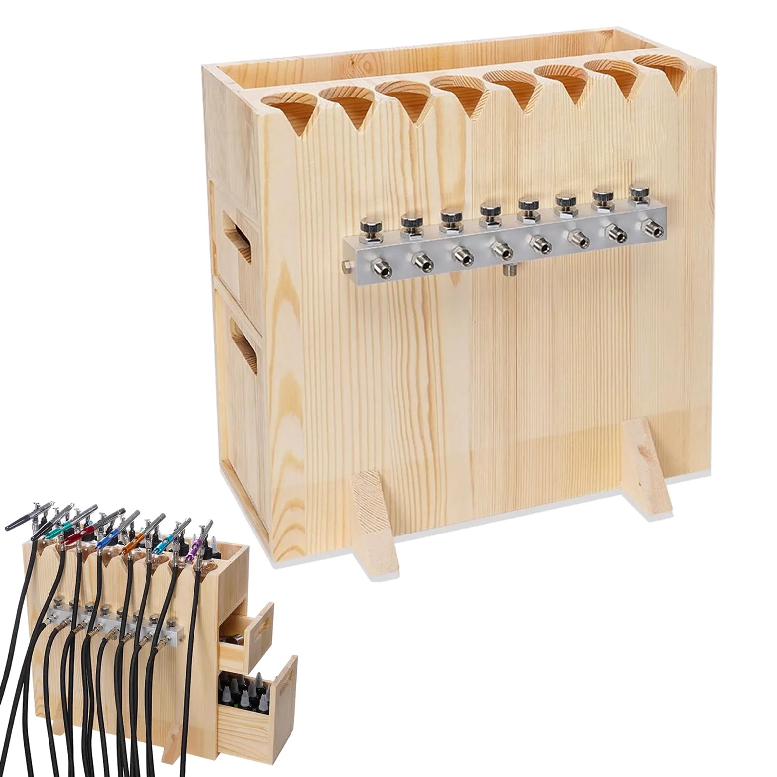 Soporte De Mesa De Madera para Aerógrafo, Divisor De Manguera De 8 Vías, con 2 Cajones, Capacidad para hasta 8 Aerógrafos De Alimentación Lateral/por Gravedad Y De Gatillo