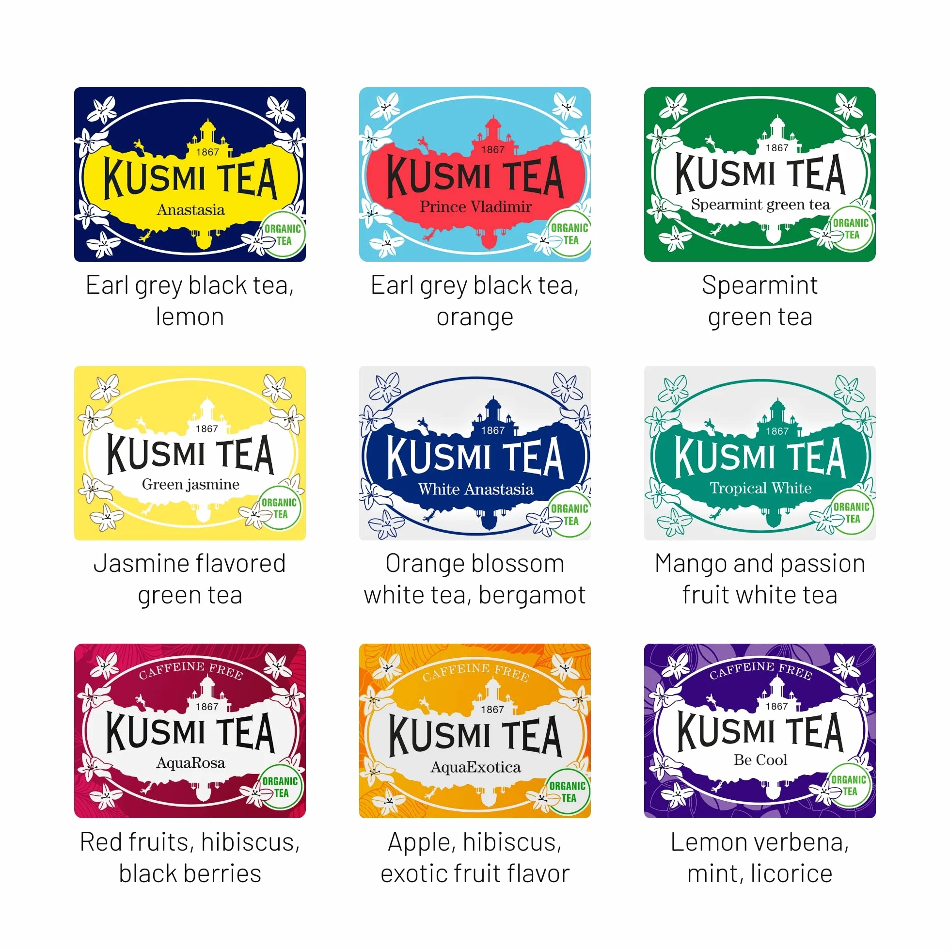 Kusmi Tea Estuche Découverte Surtido Tés Negros Blancos Verdes Infusiones 45 bolsas muselina