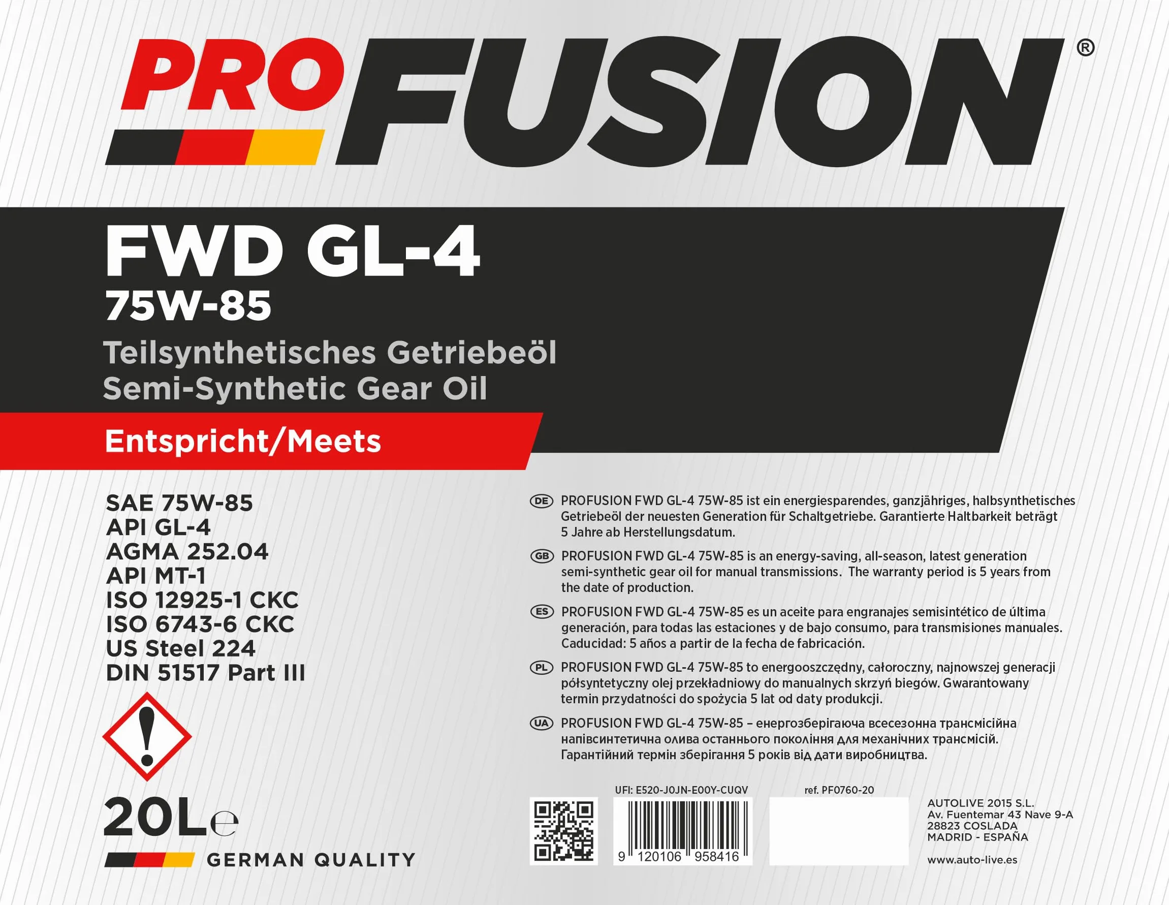 ProFusion 75W-85 60L (Pack de 3 x 20L) – Aceite de Transmisión Semisintético para Cajas Manuales y Mandos Finales – Ahorro Energético, Protección Antidesgaste y Larga Duración – API GL-4/MT-1