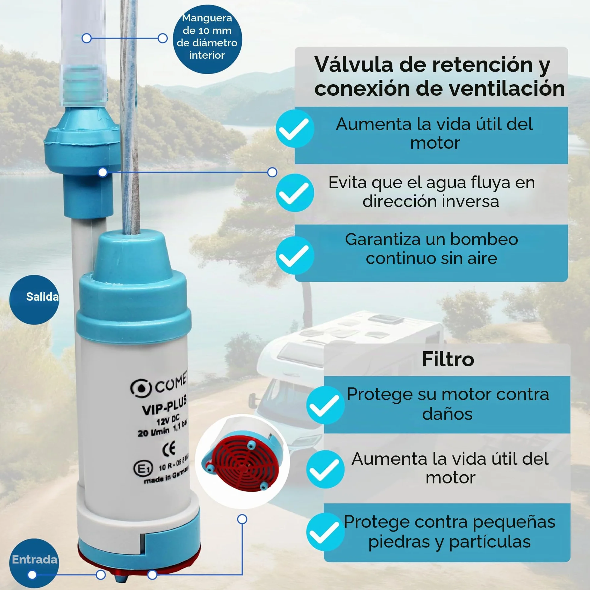 Comet VipPlus - Bomba de agua con válvula antirretorno (fija) + filtro con set de libro electrónico para camping, para autocaravanas, caravanas - bomba sumergible de 12 V