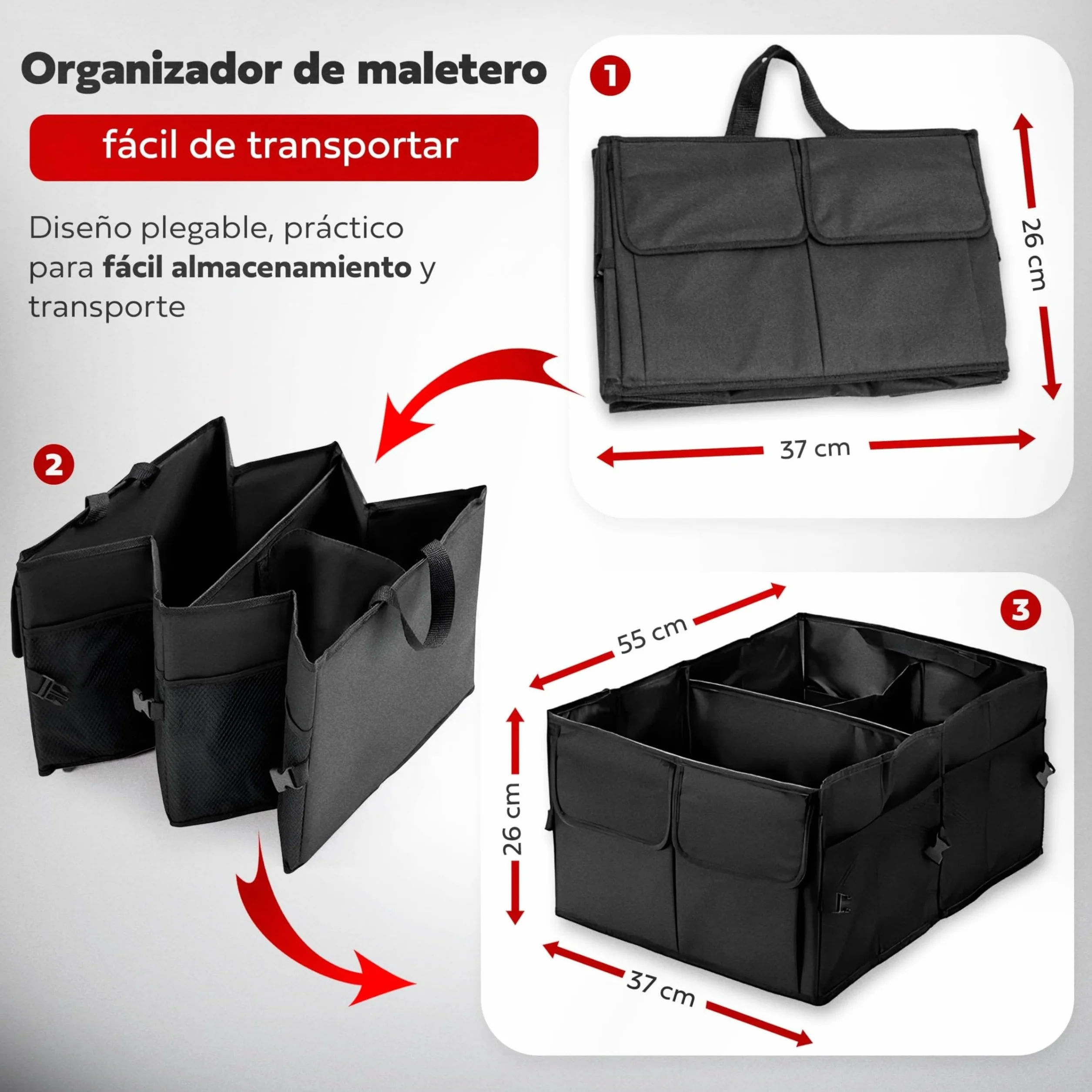Organizador Maletero Coche Plegable - Flexible - Impermeable | 3 Compartimentos y 6 Bolsillos │ Asas Reforzadas │ Tamaño Adecuado para Coche, SUV o Furgoneta │ Mantén el Maletero Ordenado
