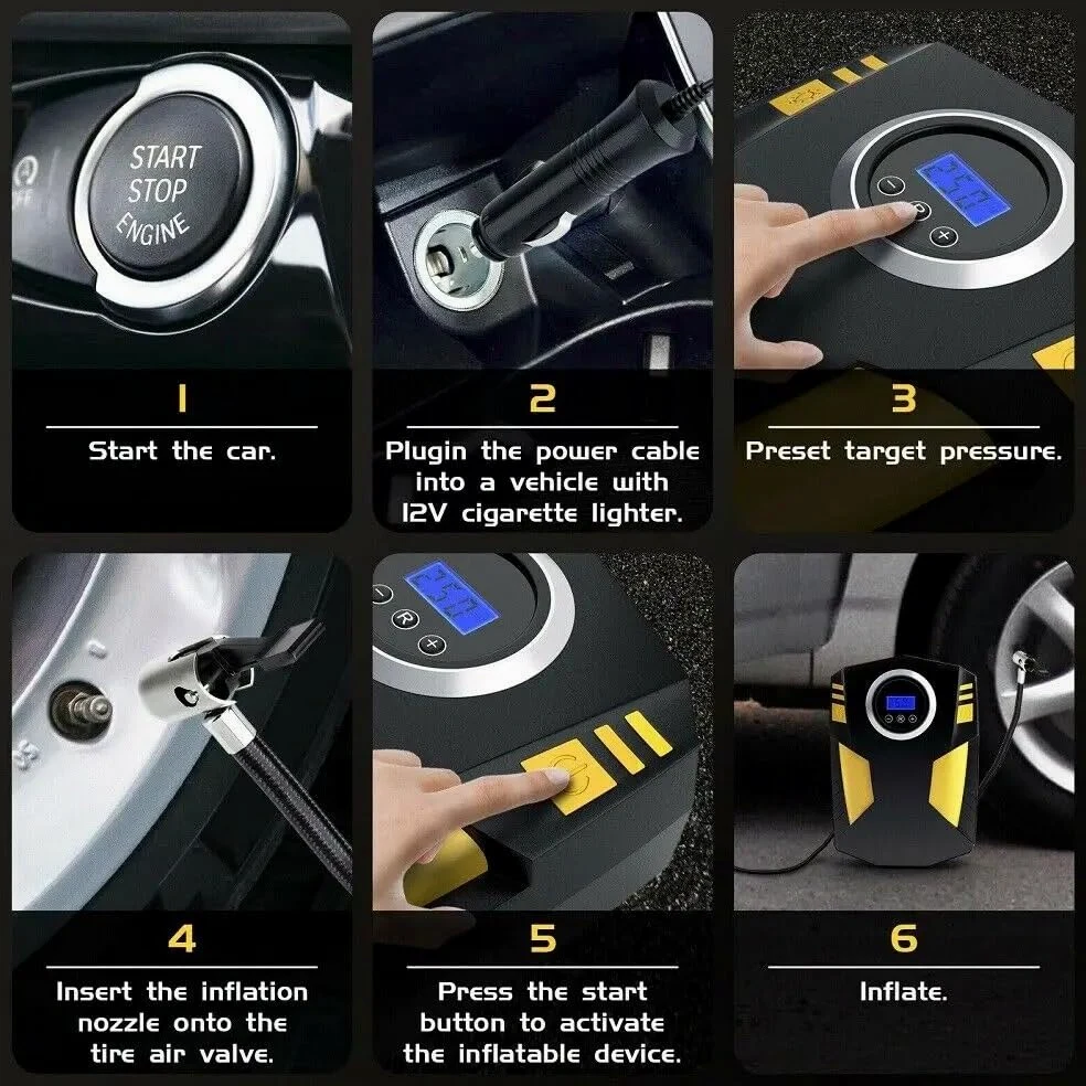 Inflador Ruedas Coche Inflador de neumáticos de Coche con Pantalla Digital, compresor de Aire portátil de 12V CC con luz LED Compresores de Aire portátiles