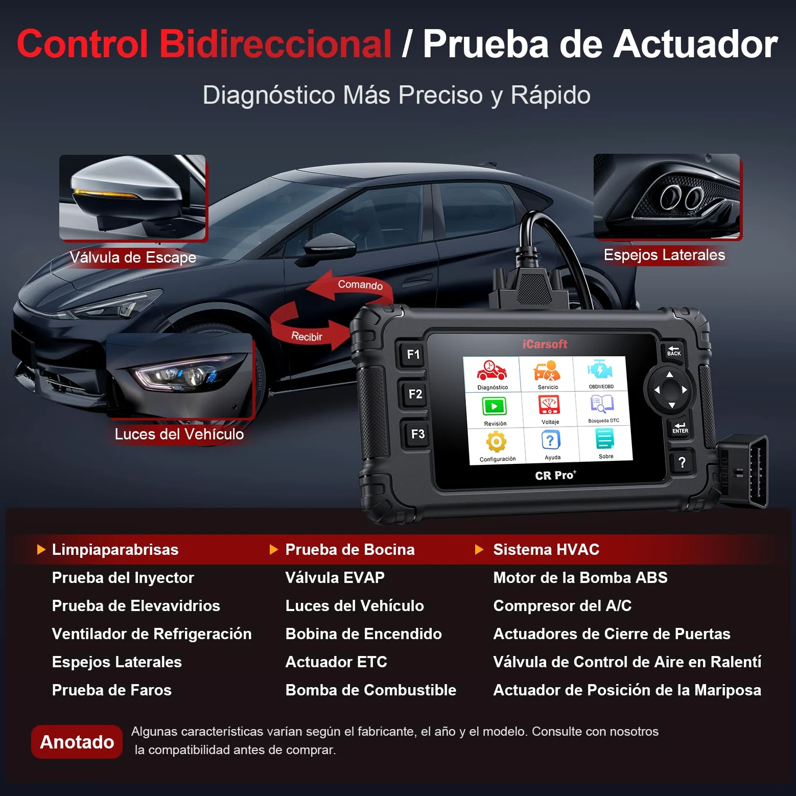 iCarsoft CR Pro+ OBD2 Máquina Diagnosis Coche Multimarca Español, Escáner de Todo el Sistema, 49 Funciones Reinicio, Bidireccional Detector Fallos Coche, Prueba de Batería, Vin Automático