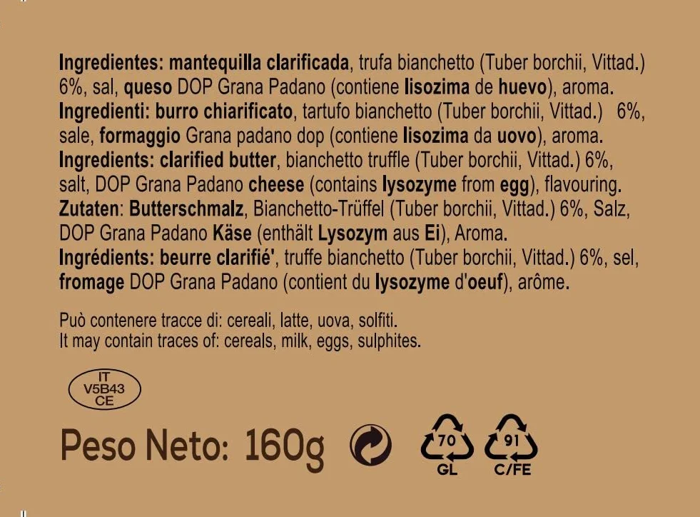 Mantequilla con Trufa Blanca Bianchetto 160g extra gourmet 100% italiano premium delicatessen
