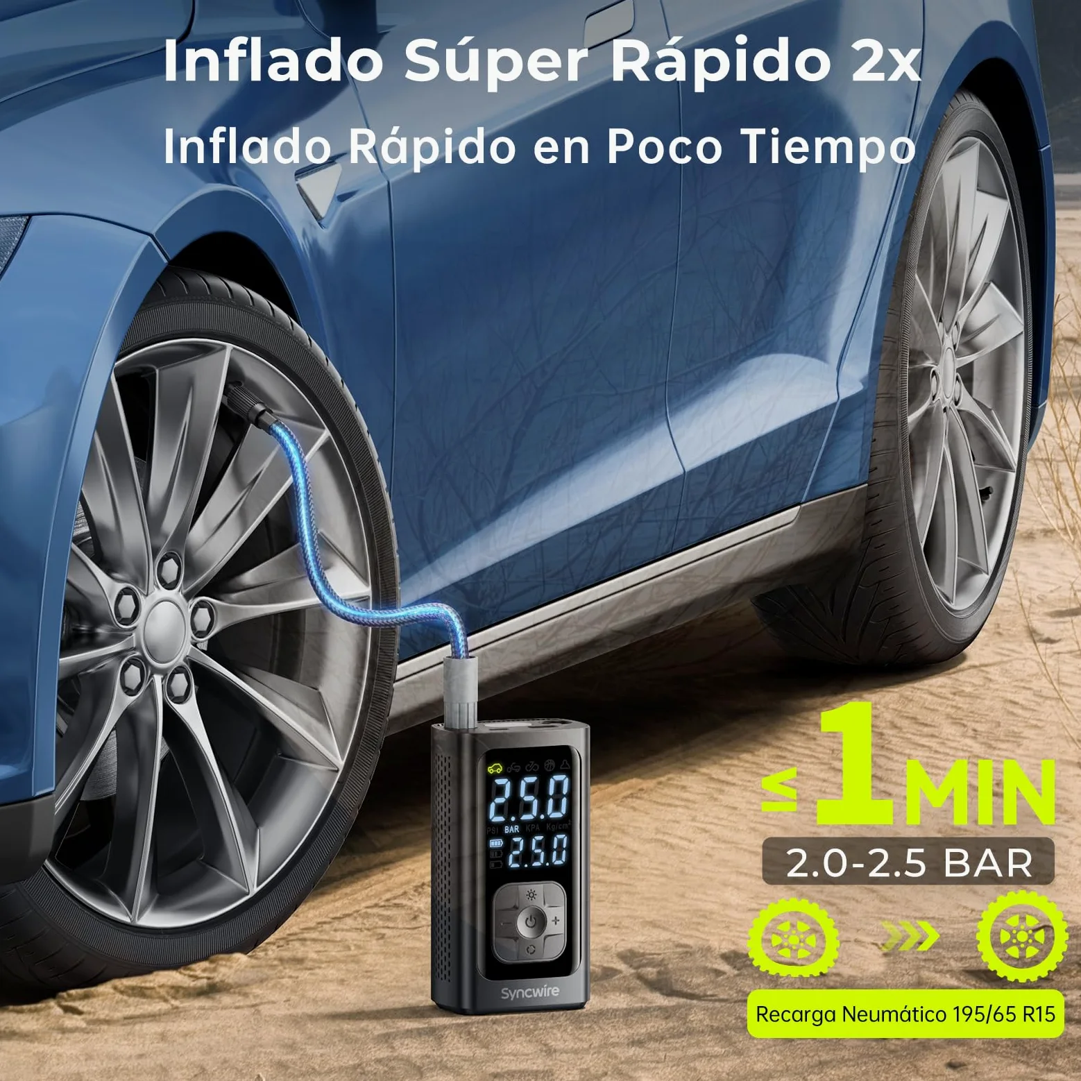Syncwire Compresor Aire Portatil - 10.35Bar máx Inflador Electrico Compresor Aire Inflación Más rápido Bomba Aire para Coche, Motos, Bicicletas, Pelotas, con Tapas de Válvula de Neumáticos, LCD Grande