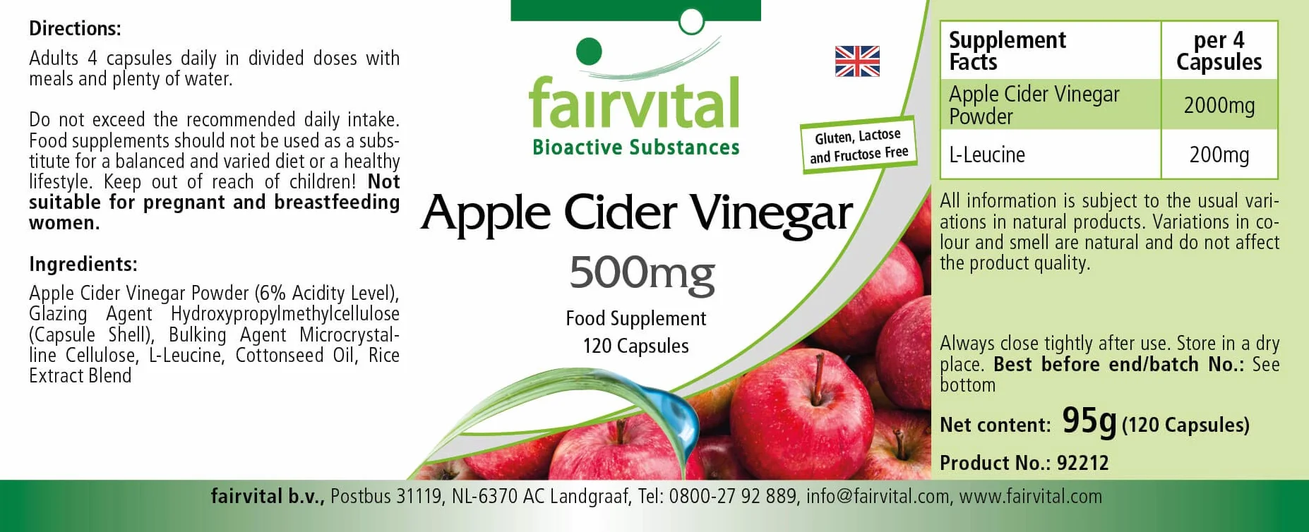 Cápsulas de vinagre de manzana, 120 cápsulas, 500mg, veganas, alta dosis