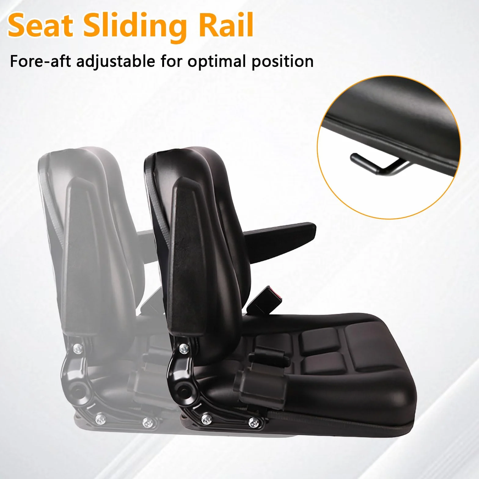 Asiento universal para montacargas, asiento de tractor con respaldo ajustable de 35°–180°, guía deslizante, apoyabrazos plegables y desmontables, cinturón de seguridad retráctil para montacargas