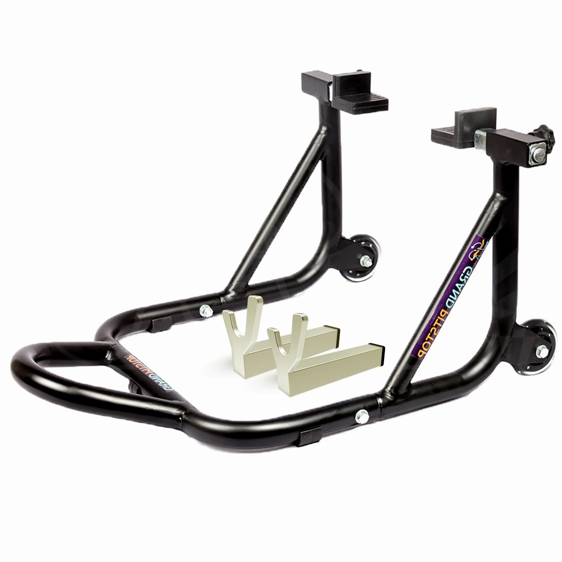 GRAND PITSTOP Motorcycle Stand, Paddock Lift Stand for Rear Wheel with Fork & Swingarm Spool,Weight capicity 990Lbs & 450 Kg's, Dismantable Stand, for Yamaha Honda Kawasaki Suzuki Motorcycles, Black