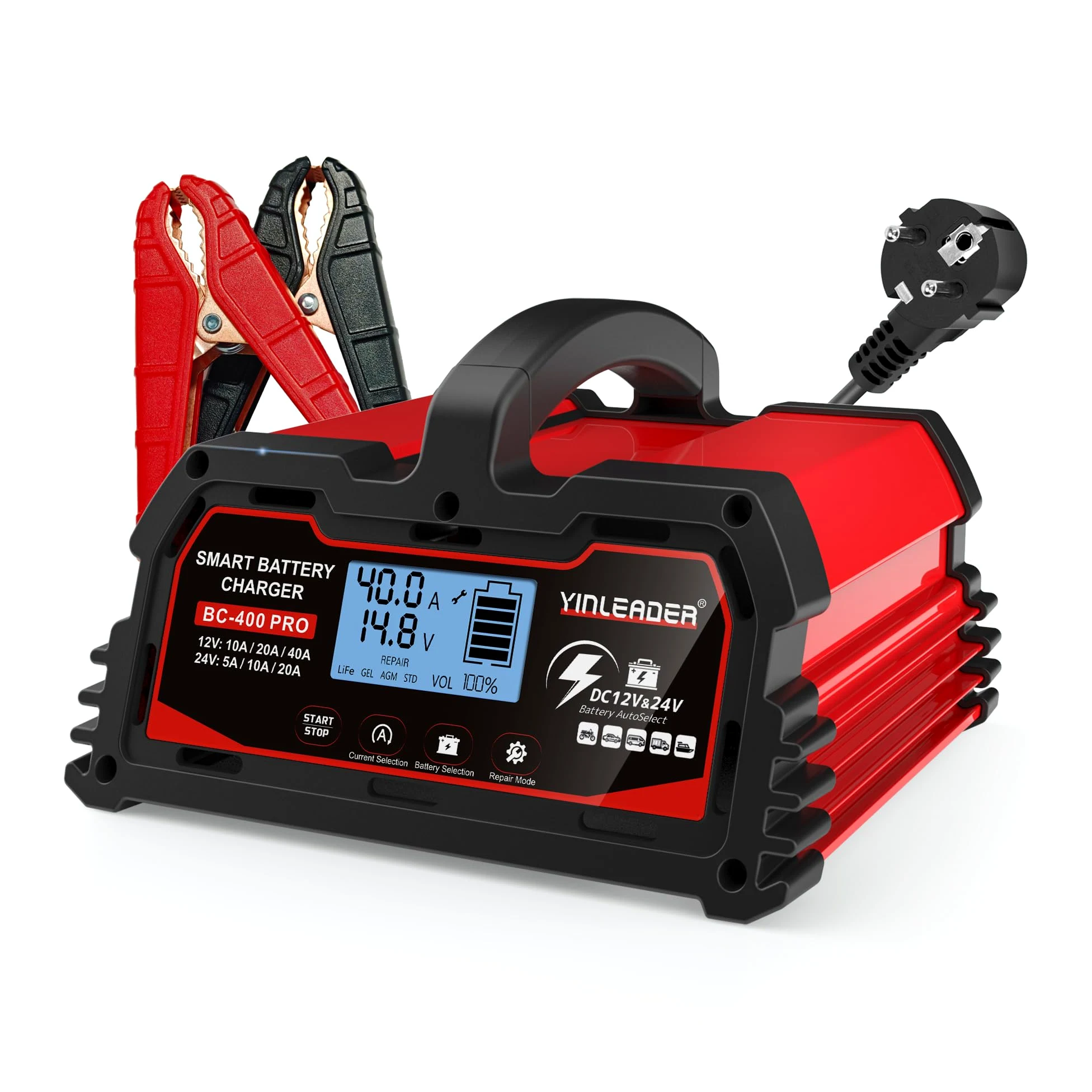 Cargador de batería para automóvil 40A 12V/24V 20A /10A Cargador de batería para automóvil Cargador Inteligente automático con Pantalla LCD, para batería de automóvil y Motocicleta y 12V LiFePO4