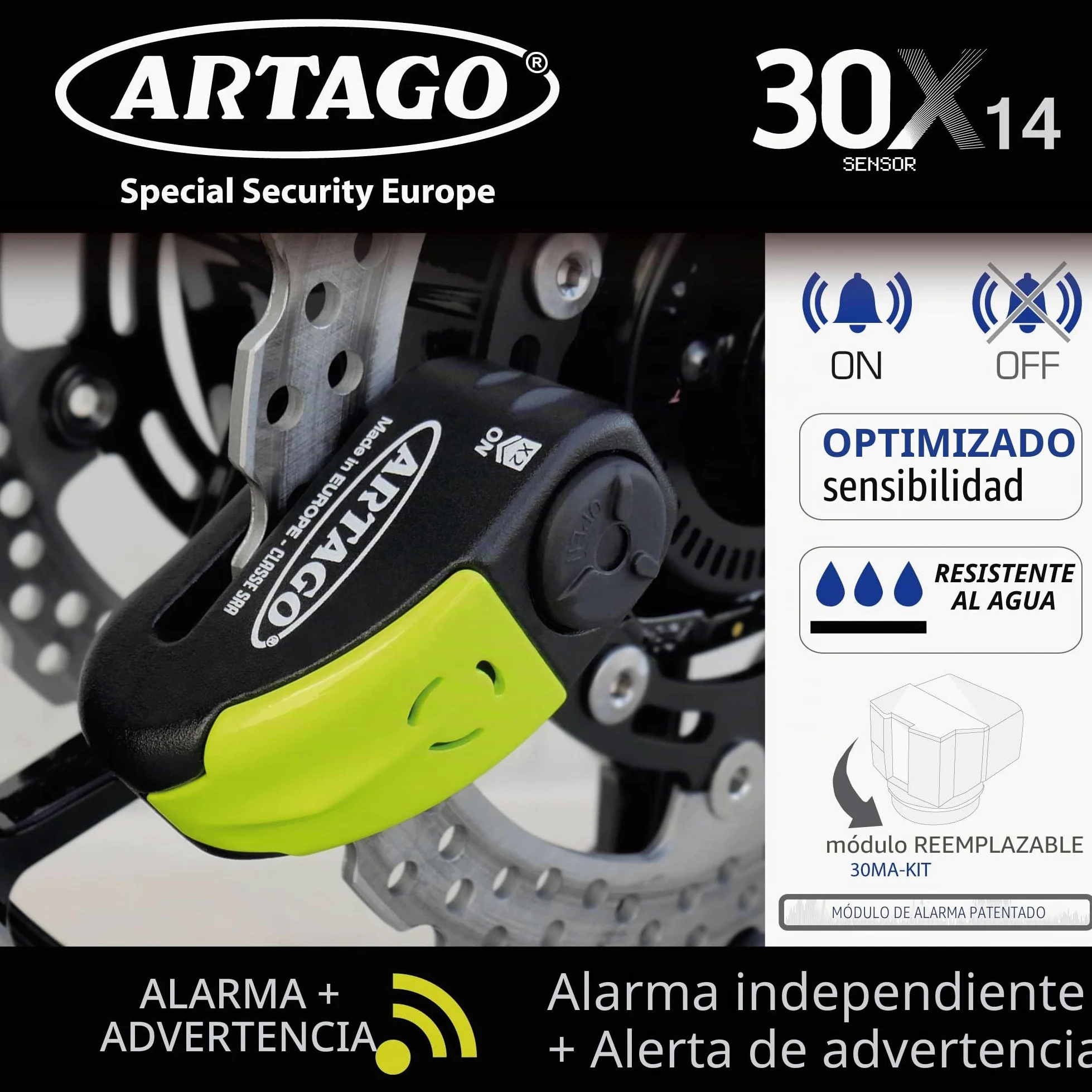 Artago 30X4 Pack Candado Antirrobo Disco con Alarma 120db Alta Seguridad + Soporte para Honda CRF 1000l Africa Twin, Homologado SRA y Sold Secure Gold