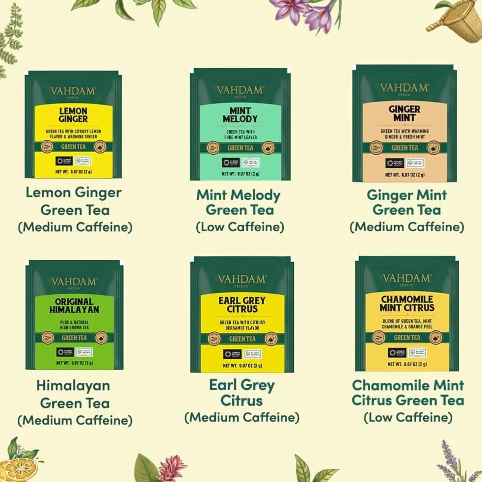 VAHDAM Caja de Regalo de Té Verde Surtida 6 Sabores 36 Bolsas Piramidales