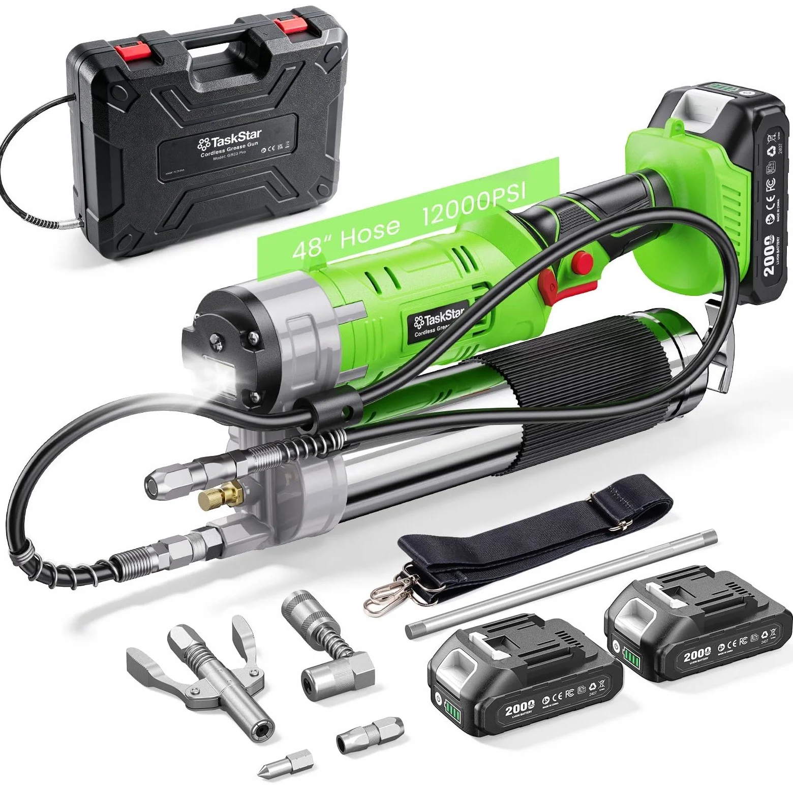 TaskStar 12000 PSI Engrasadora Batería: Kit de engrasadora 2 en 1 con 2 baterías, Manguera de 122 cm, acoplador de liberación rápida, Adaptador de 90°, luz LED, Ideal para Uso Industrial y agrícola