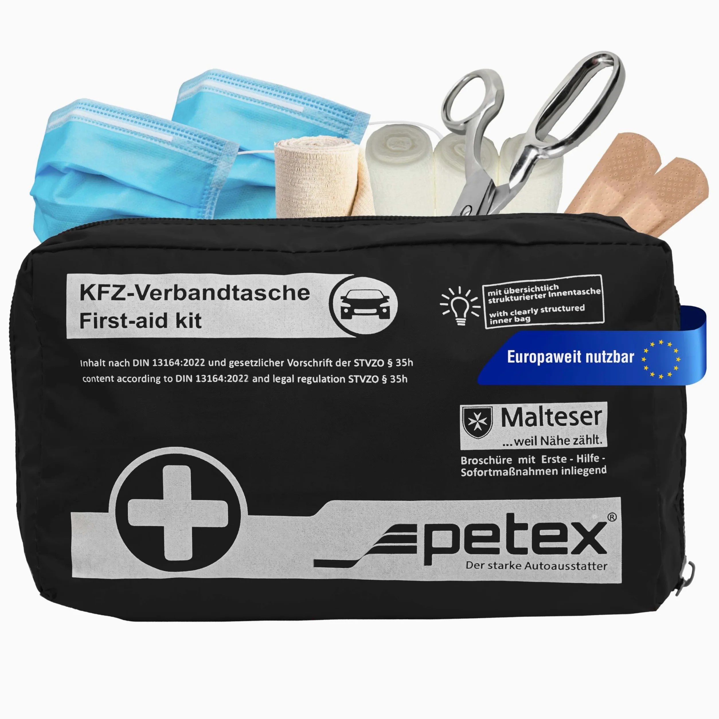 Petex 43930004 Kit de Primeros Auxilios Contenido según DIN 13164, Negro