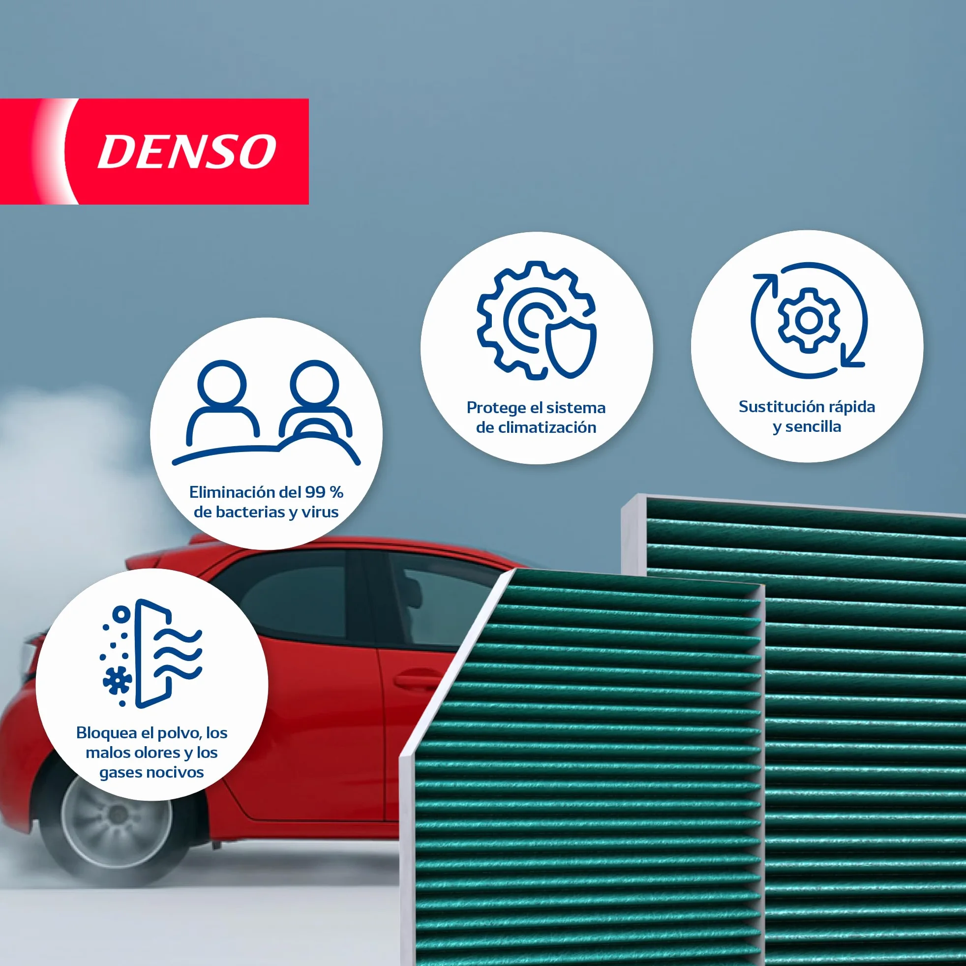 Filtro de habitáculo DENSO ClearAir+ (Referencia DCF841A) Filtración de 5 capas con protección antibacteriana, elimina hasta el 99% de bacterias y virus