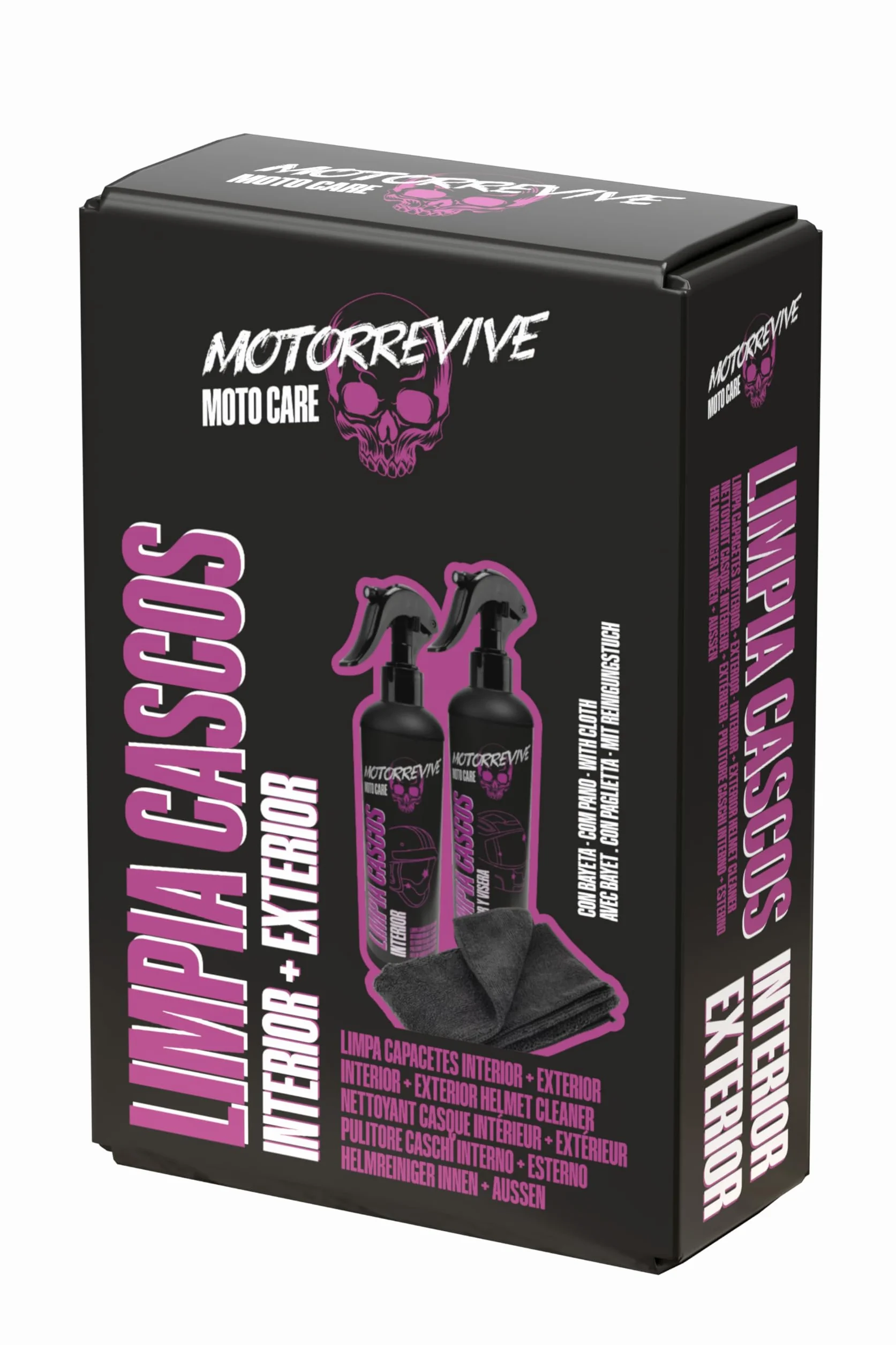 Pack Limpieza de Cascos de Moto 200 + 200 ml. Spray limpiador Interior + Exterior y Visera + Bayeta de Microfibra. Higiene Completa y Cuidado Profesional para Casco de Motocicleta