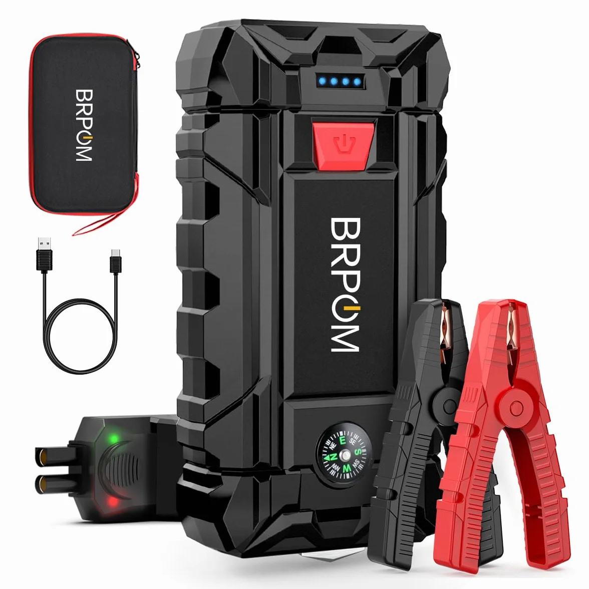 BRPOM Arrancador de Coches, 9000A 21800mAh Arrancador de Baterias de Coche 12V(para 8.0L de Gasolina o 6.5L de Diésel), Jump Starter Portátil, Carga Rápida QC3.0, Espera Larga
