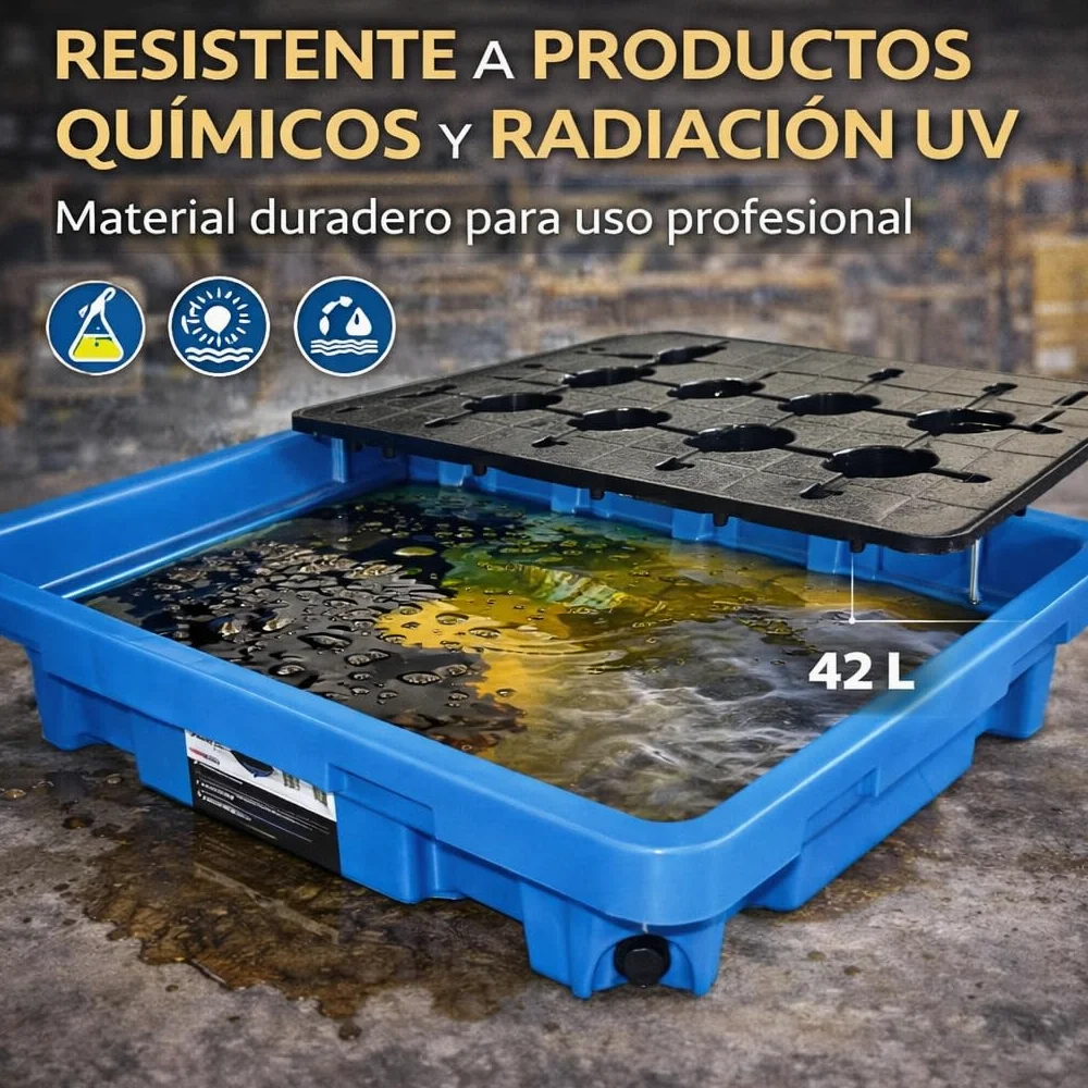 Bandeja Recogegotas 42 litros con Rejilla – Cubeta Antiderrames Polietileno Resistente Químicos UV 300 kg Carga