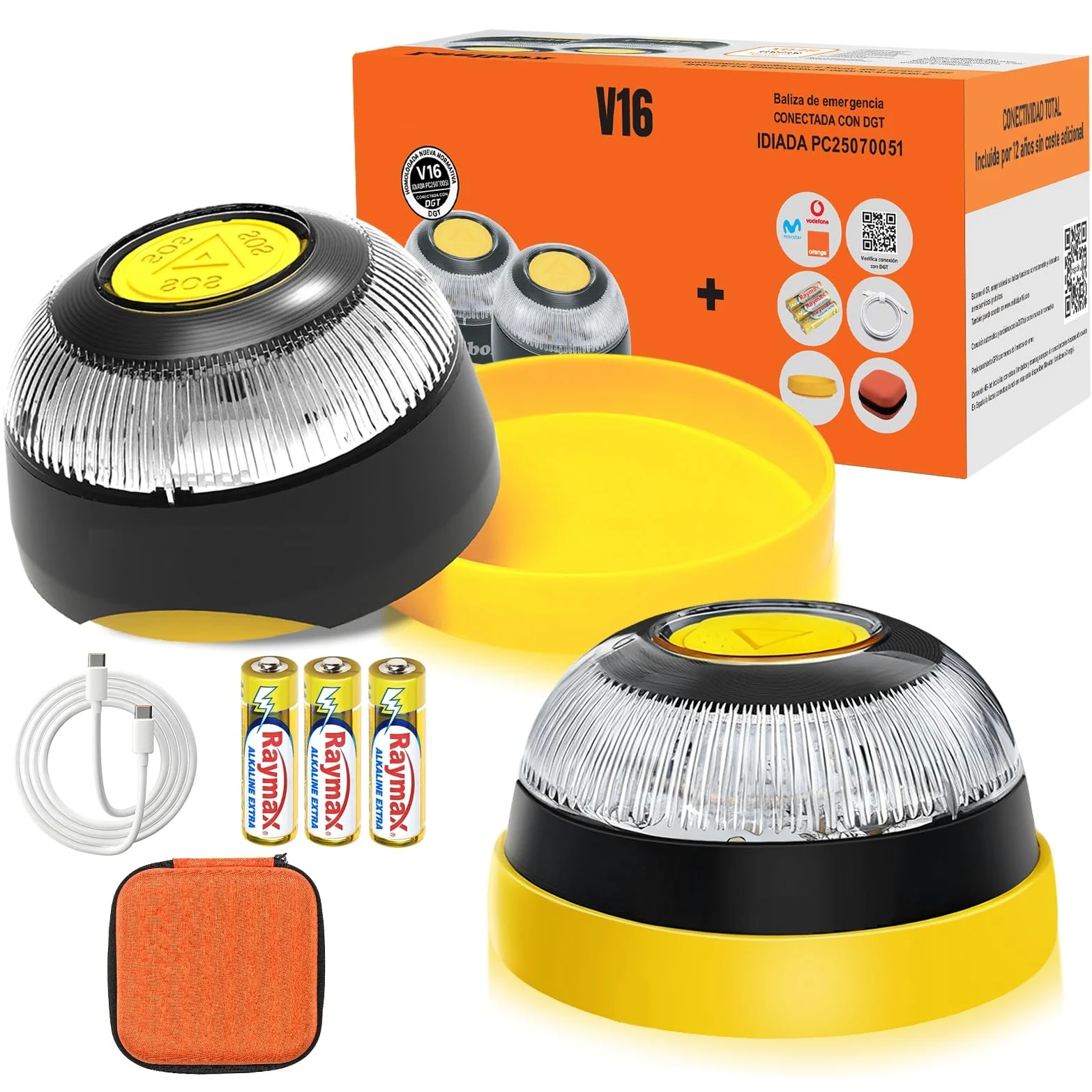Baliza V16 Homologada DGT con Geolocalización Luz de Emergencia V-16 Conectada DGT 3.0 con SIM y Datos hasta 2038 (L-2PCS)